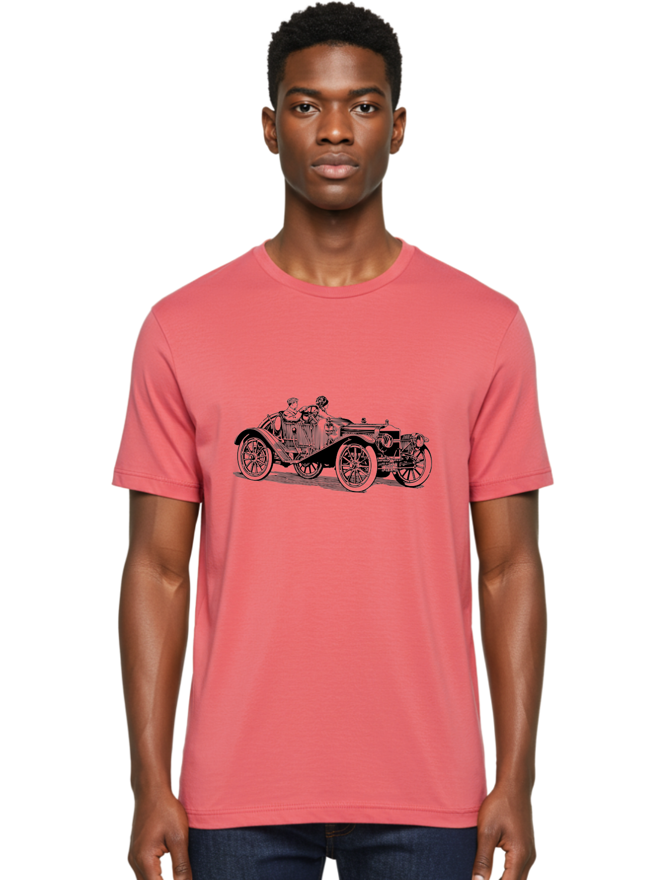 Vintage-Car-4 Men'S Graphic Tee, 100% Cotton, Comfortable Casual Summer Wear, Machine Washable, Vintage Car, Antique Automobile, Classic Vehicle, Retro Transportation, Old-Fashioned Car, Two People Riding Aad824 24