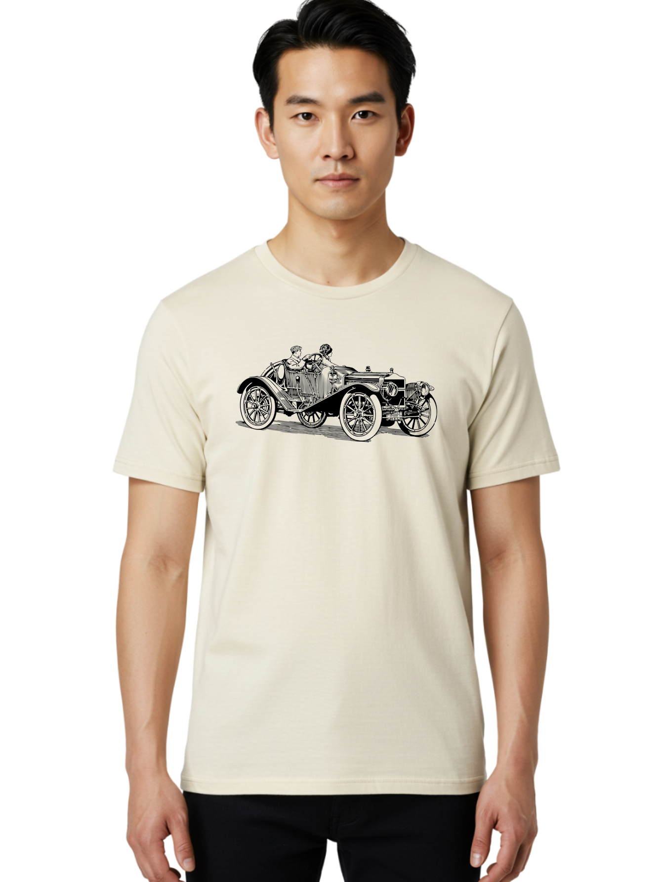 Vintage-Car-4 Men'S Graphic Tee, 100% Cotton, Comfortable Casual Summer Wear, Machine Washable, Vintage Car, Antique Automobile, Classic Vehicle, Retro Transportation, Old-Fashioned Car, Two People Riding Aad824 8