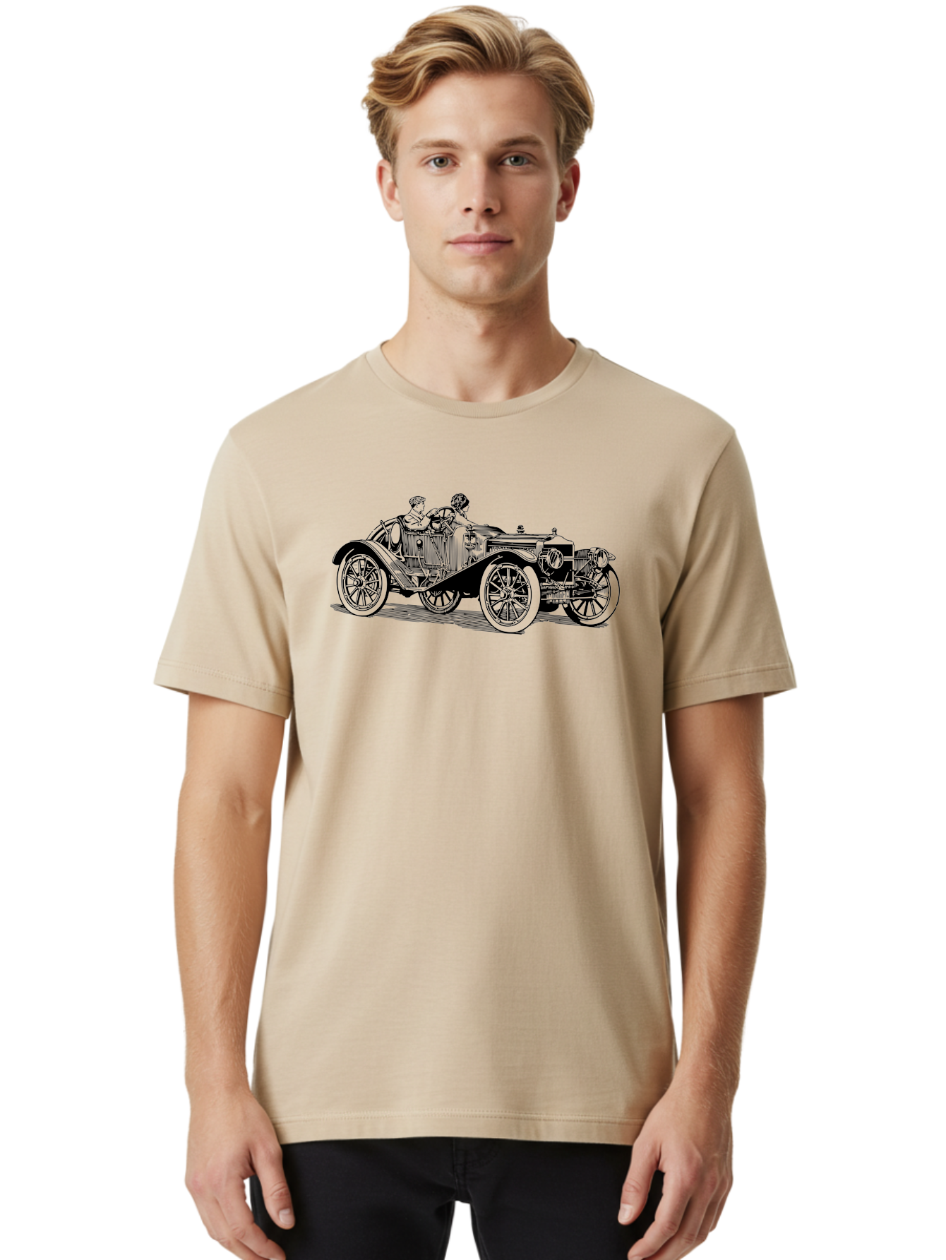 Vintage-Car-4 Men'S Graphic Tee, 100% Cotton, Comfortable Casual Summer Wear, Machine Washable, Vintage Car, Antique Automobile, Classic Vehicle, Retro Transportation, Old-Fashioned Car, Two People Riding Aad824 28