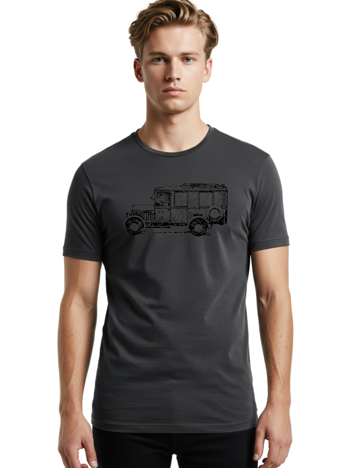 Vintage-Car-7 Men'S Graphic Tee, 100% Cotton, Comfortable Casual Summer Wear, Machine Washable, Vintage Car, Old Car, Classic Vehicle, Retro Automobile, Antique Car, Old-Fashioned Transportation, Monochrome Illustration, Simple Design Aad827 6