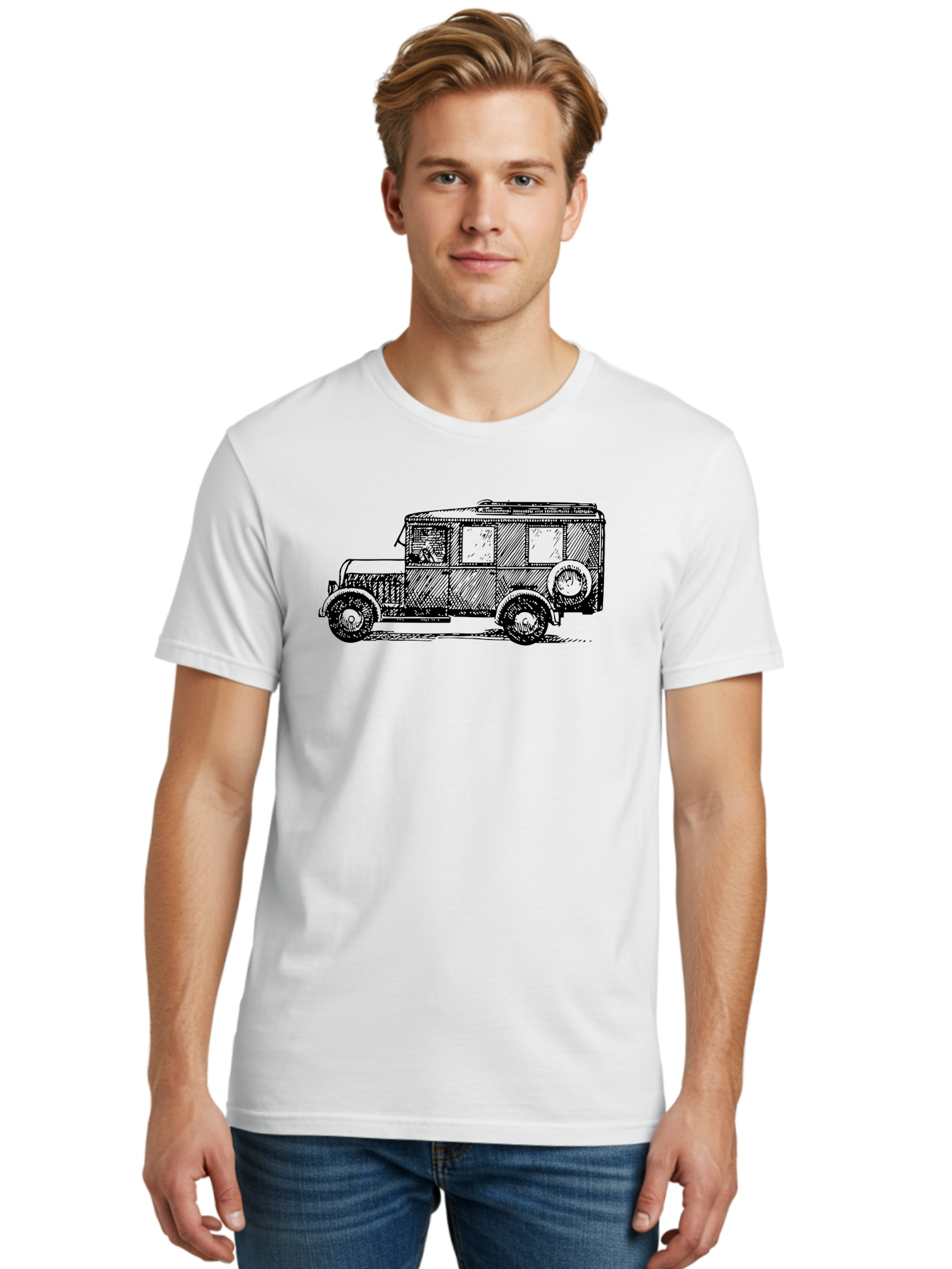 Vintage-Car-7 Men'S Graphic Tee, 100% Cotton, Comfortable Casual Summer Wear, Machine Washable, Vintage Car, Old Car, Classic Vehicle, Retro Automobile, Antique Car, Old-Fashioned Transportation, Monochrome Illustration, Simple Design Aad827 30