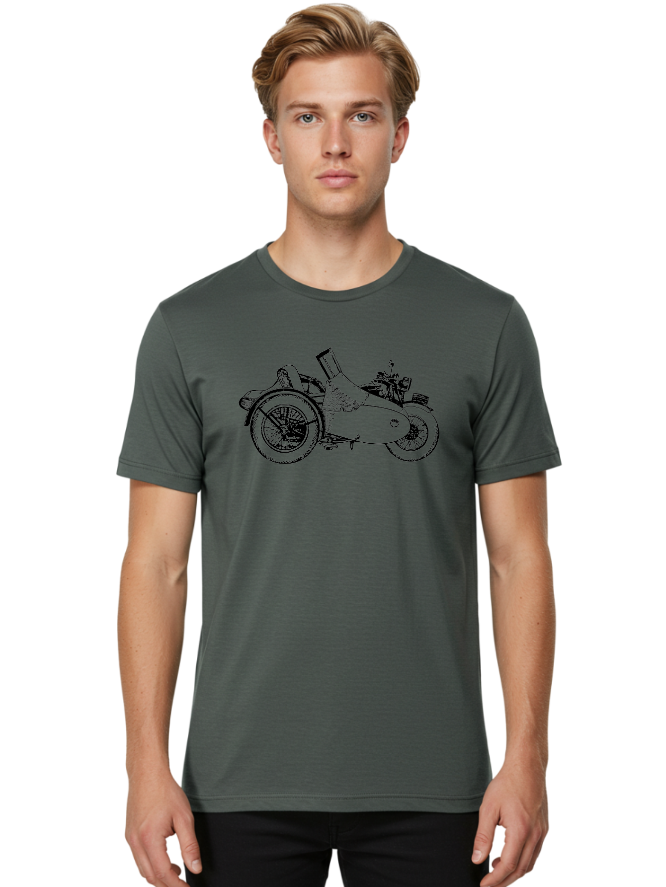 Vintage-Motorcycle-Sidecar Men'S Graphic Tee, 100% Cotton, Comfortable Casual Summer Wear, Machine Washable, Vintage Motorcycle, Sidecar, Classic Vehicle, Retro Transportation, Black And White Illustration, Motorcycle With Sidecar, Aad831 30
