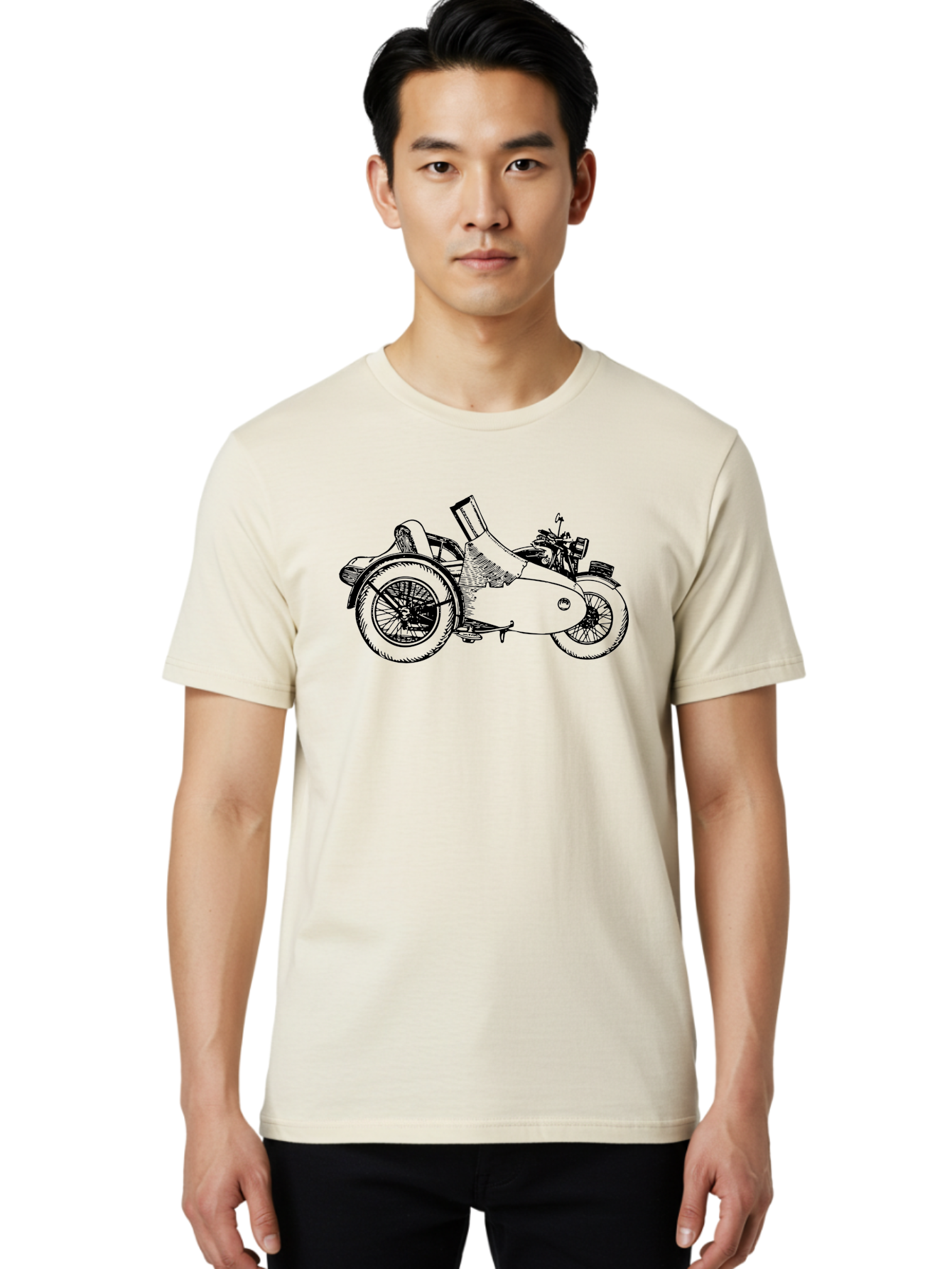 Vintage-Motorcycle-Sidecar Men'S Graphic Tee, 100% Cotton, Comfortable Casual Summer Wear, Machine Washable, Vintage Motorcycle, Sidecar, Classic Vehicle, Retro Transportation, Black And White Illustration, Motorcycle With Sidecar, Aad831 10