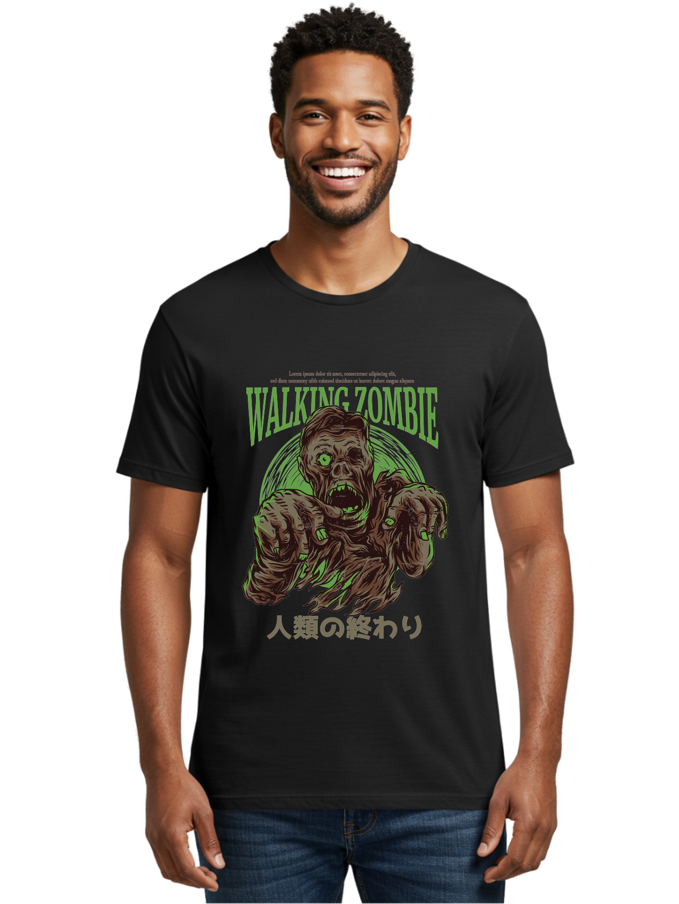 Walking-Zombie Men'S Graphic Tee, 100% Cotton, Comfortable Casual Summer Wear, Machine Washable, Zombie Apocalypse, Undead Creature, Horror Movie, Dark Art, Gruesome Illustration, Japanese Text, Zombie Outbreak, Creatures Of The Night Aad843 4
