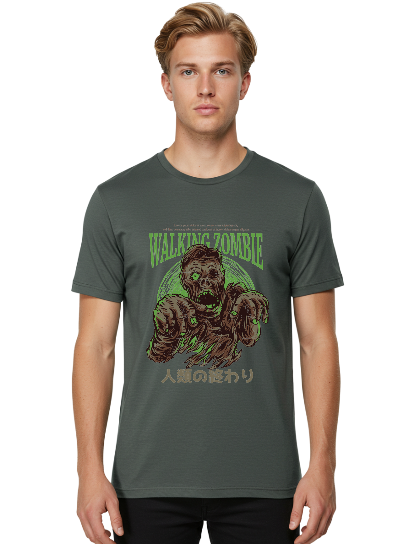 Walking-Zombie Men'S Graphic Tee, 100% Cotton, Comfortable Casual Summer Wear, Machine Washable, Zombie Apocalypse, Undead Creature, Horror Movie, Dark Art, Gruesome Illustration, Japanese Text, Zombie Outbreak, Creatures Of The Night Aad843 12