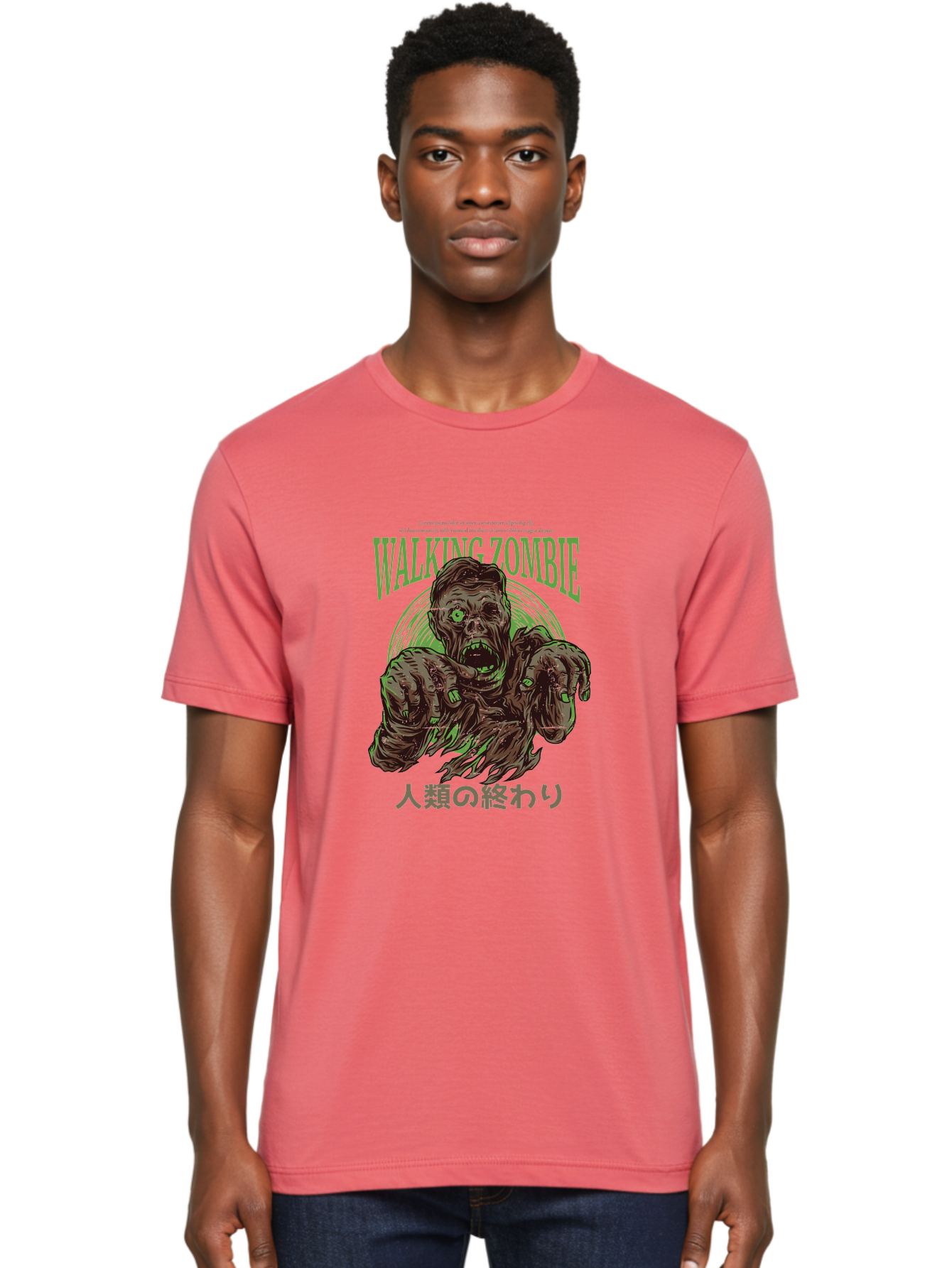Walking-Zombie Men'S Graphic Tee, 100% Cotton, Comfortable Casual Summer Wear, Machine Washable, Zombie Apocalypse, Undead Creature, Horror Movie, Dark Art, Gruesome Illustration, Japanese Text, Zombie Outbreak, Creatures Of The Night Aad843 30