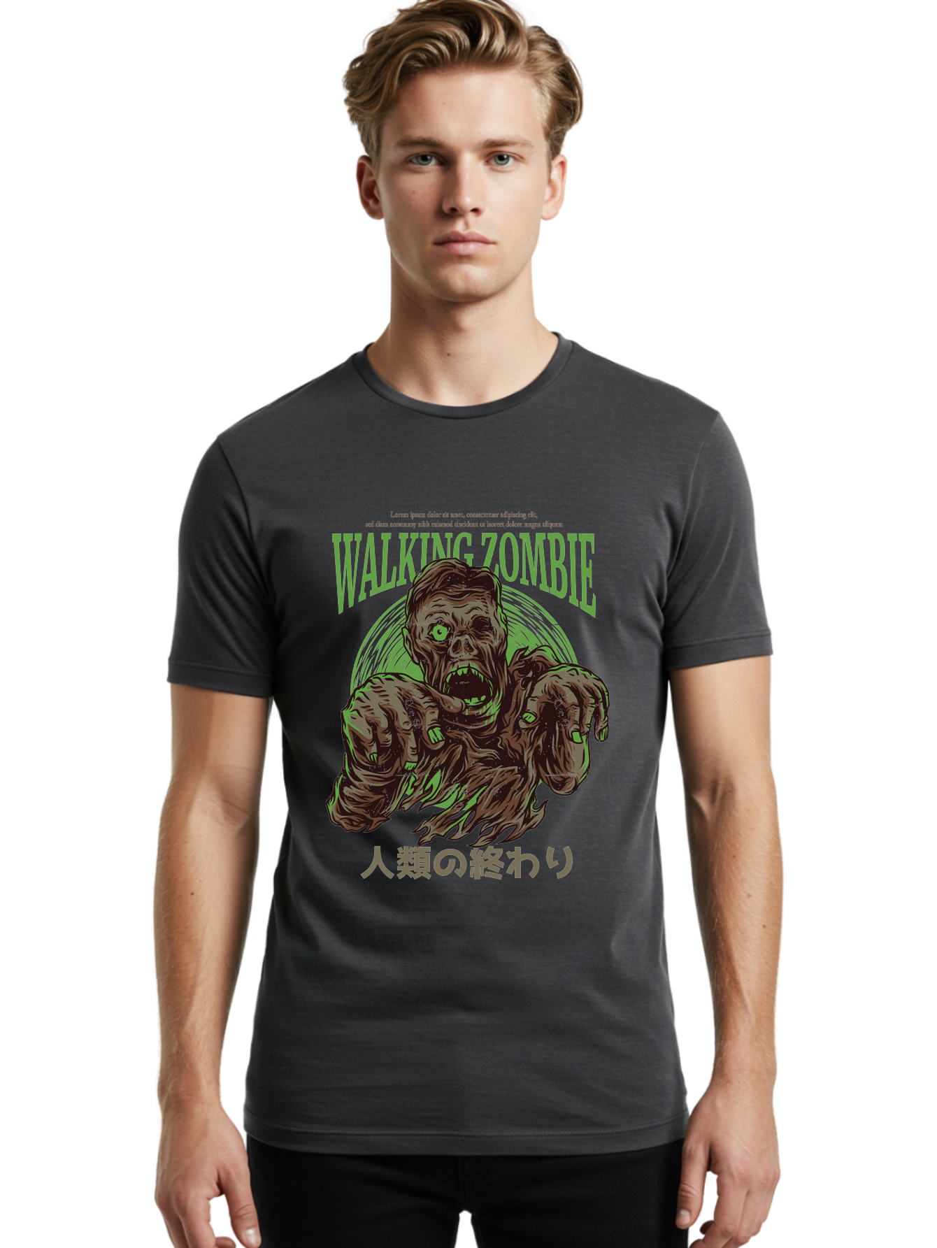 Walking-Zombie Men'S Graphic Tee, 100% Cotton, Comfortable Casual Summer Wear, Machine Washable, Zombie Apocalypse, Undead Creature, Horror Movie, Dark Art, Gruesome Illustration, Japanese Text, Zombie Outbreak, Creatures Of The Night Aad843 14