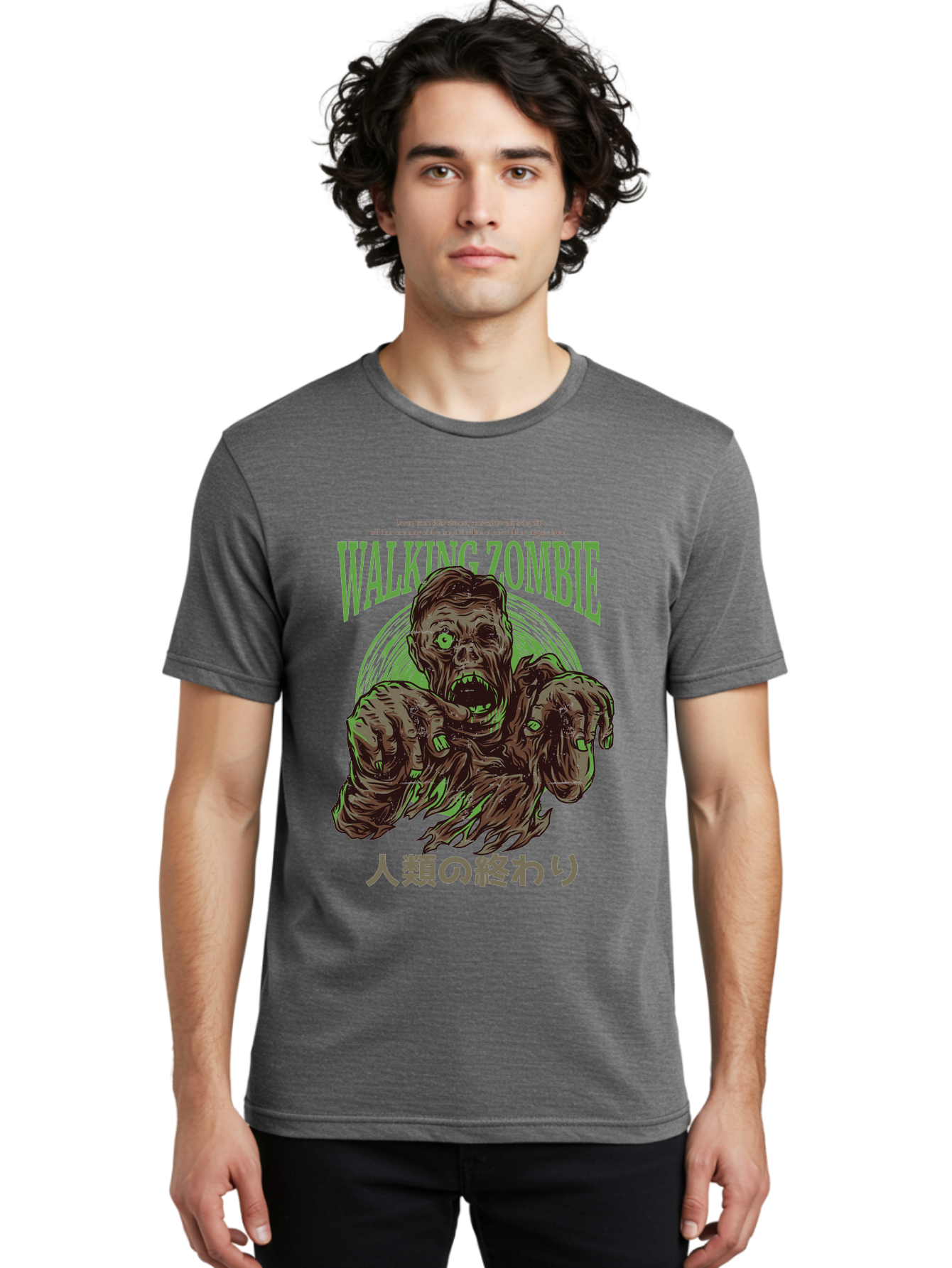 Walking-Zombie Men'S Graphic Tee, 100% Cotton, Comfortable Casual Summer Wear, Machine Washable, Zombie Apocalypse, Undead Creature, Horror Movie, Dark Art, Gruesome Illustration, Japanese Text, Zombie Outbreak, Creatures Of The Night Aad843 20