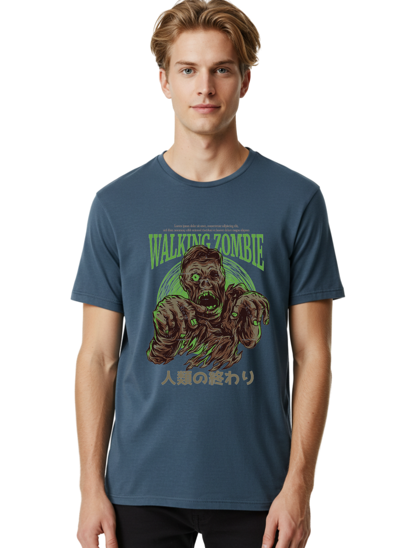 Walking-Zombie Men'S Graphic Tee, 100% Cotton, Comfortable Casual Summer Wear, Machine Washable, Zombie Apocalypse, Undead Creature, Horror Movie, Dark Art, Gruesome Illustration, Japanese Text, Zombie Outbreak, Creatures Of The Night Aad843 8