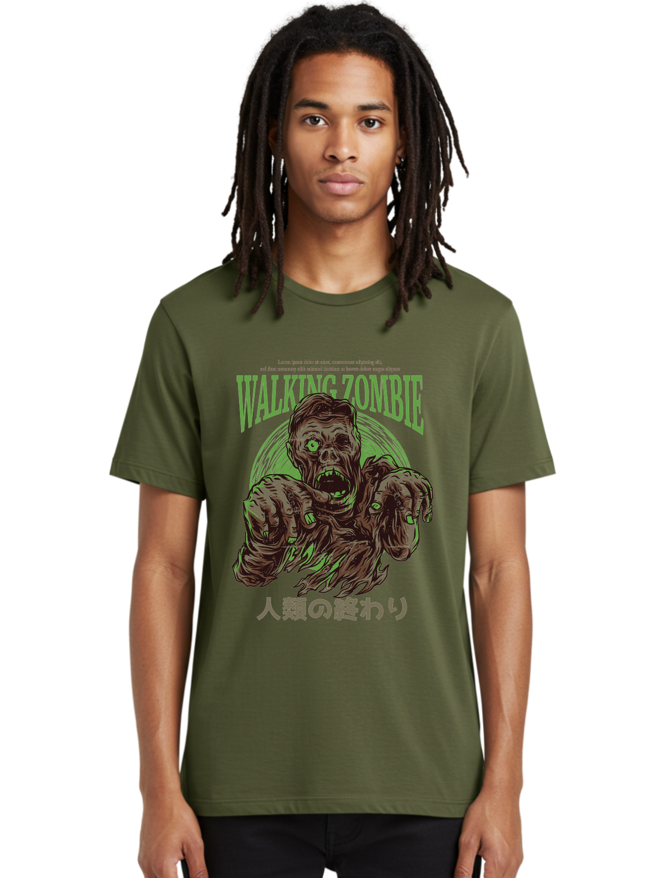 Walking-Zombie Men'S Graphic Tee, 100% Cotton, Comfortable Casual Summer Wear, Machine Washable, Zombie Apocalypse, Undead Creature, Horror Movie, Dark Art, Gruesome Illustration, Japanese Text, Zombie Outbreak, Creatures Of The Night Aad843 28
