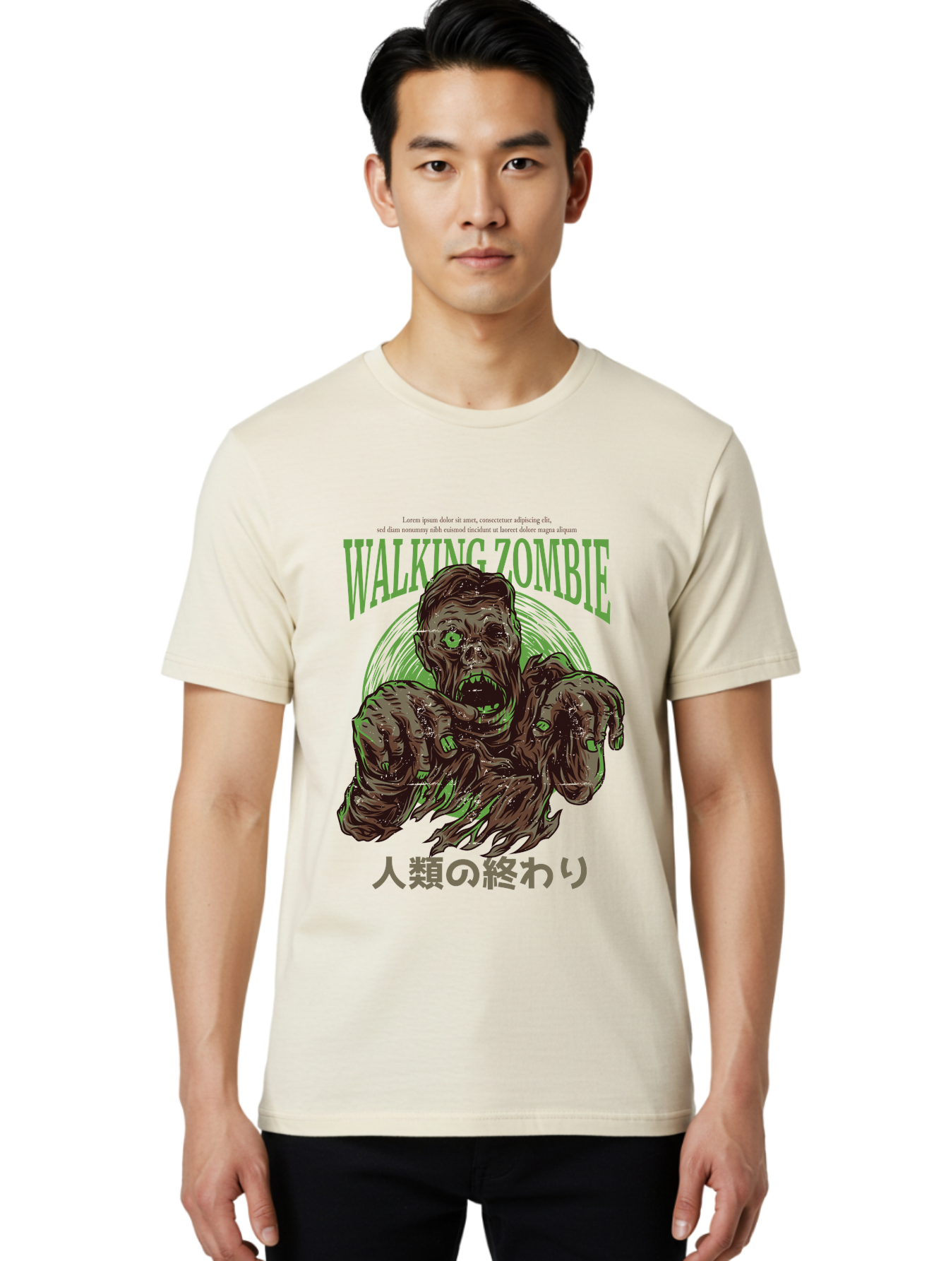 Walking-Zombie Men'S Graphic Tee, 100% Cotton, Comfortable Casual Summer Wear, Machine Washable, Zombie Apocalypse, Undead Creature, Horror Movie, Dark Art, Gruesome Illustration, Japanese Text, Zombie Outbreak, Creatures Of The Night Aad843 22