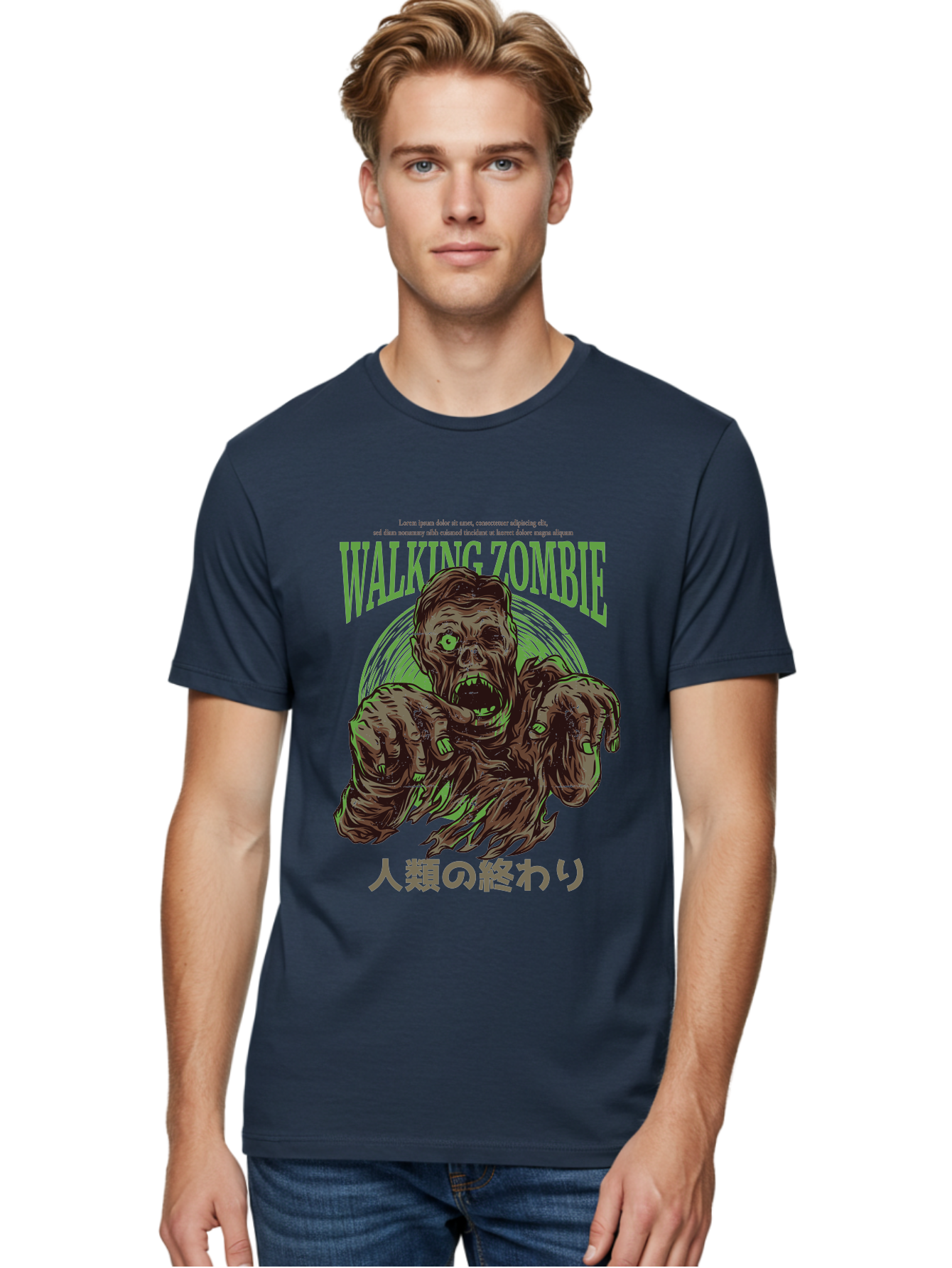 Walking-Zombie Men'S Graphic Tee, 100% Cotton, Comfortable Casual Summer Wear, Machine Washable, Zombie Apocalypse, Undead Creature, Horror Movie, Dark Art, Gruesome Illustration, Japanese Text, Zombie Outbreak, Creatures Of The Night Aad843 6