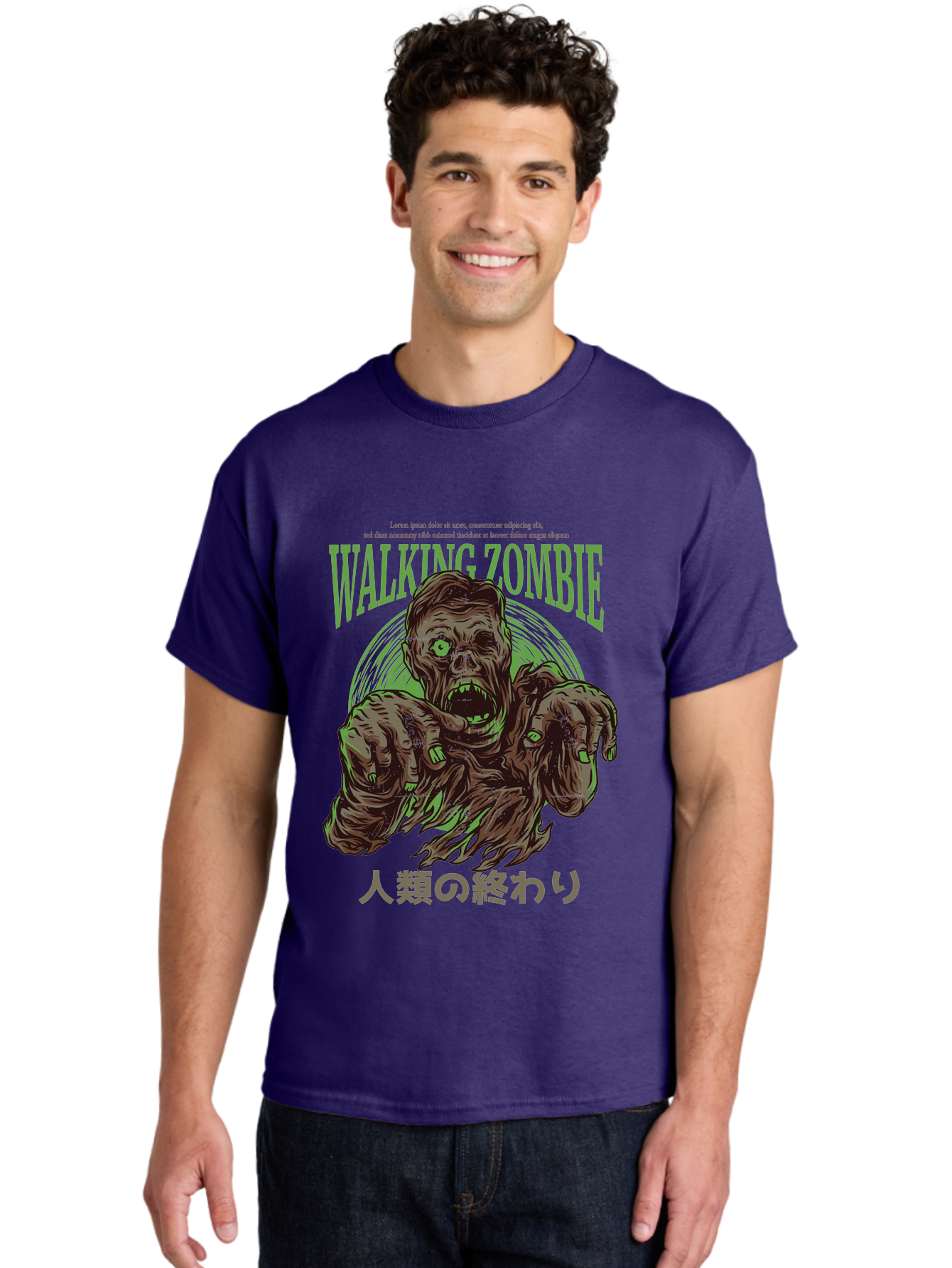 Walking-Zombie Men'S Graphic Tee, 100% Cotton, Comfortable Casual Summer Wear, Machine Washable, Zombie Apocalypse, Undead Creature, Horror Movie, Dark Art, Gruesome Illustration, Japanese Text, Zombie Outbreak, Creatures Of The Night Aad843 16