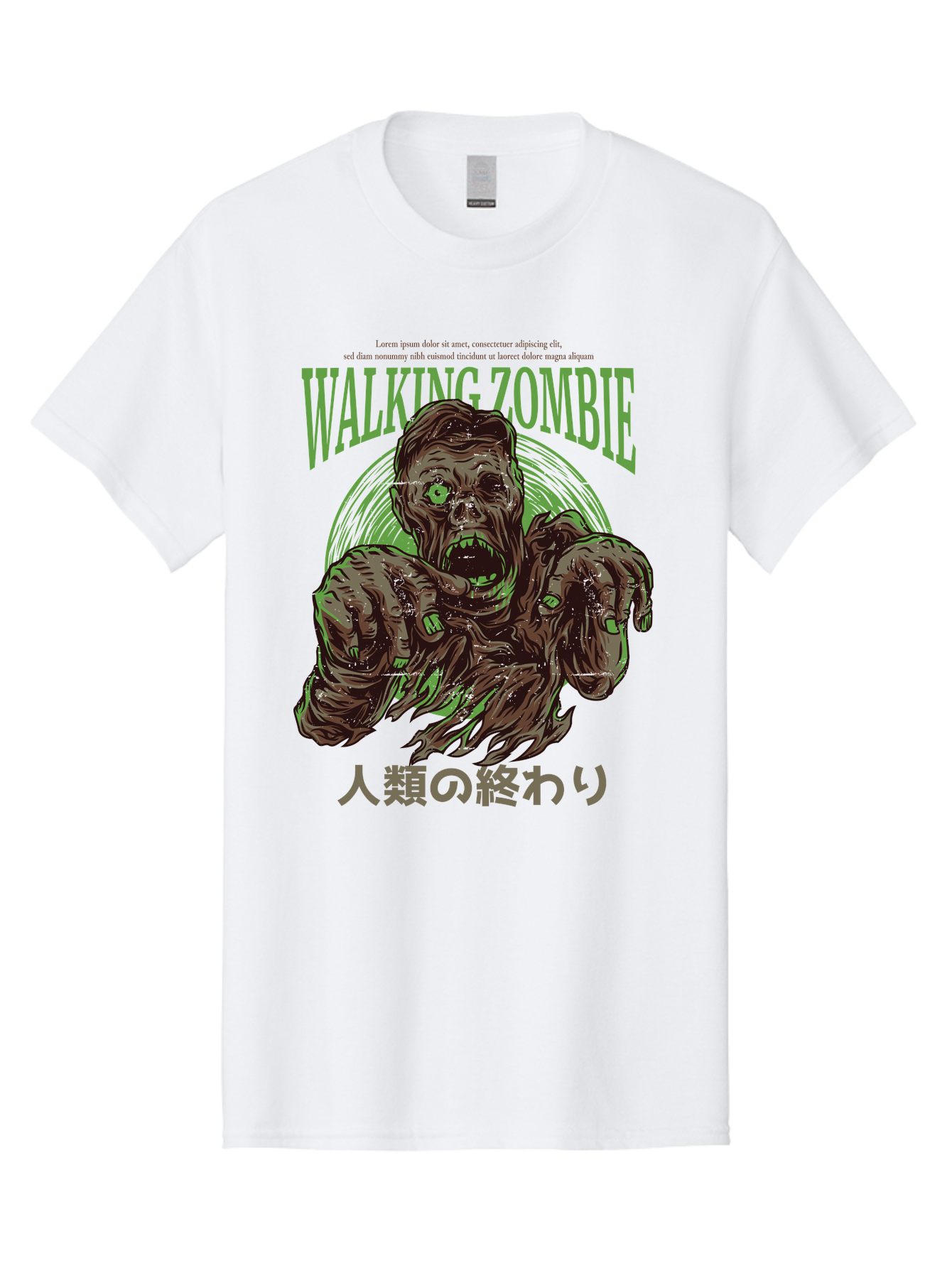 Walking-Zombie Men'S Graphic Tee, 100% Cotton, Comfortable Casual Summer Wear, Machine Washable, Zombie Apocalypse, Undead Creature, Horror Movie, Dark Art, Gruesome Illustration, Japanese Text, Zombie Outbreak, Creatures Of The Night Aad843 23