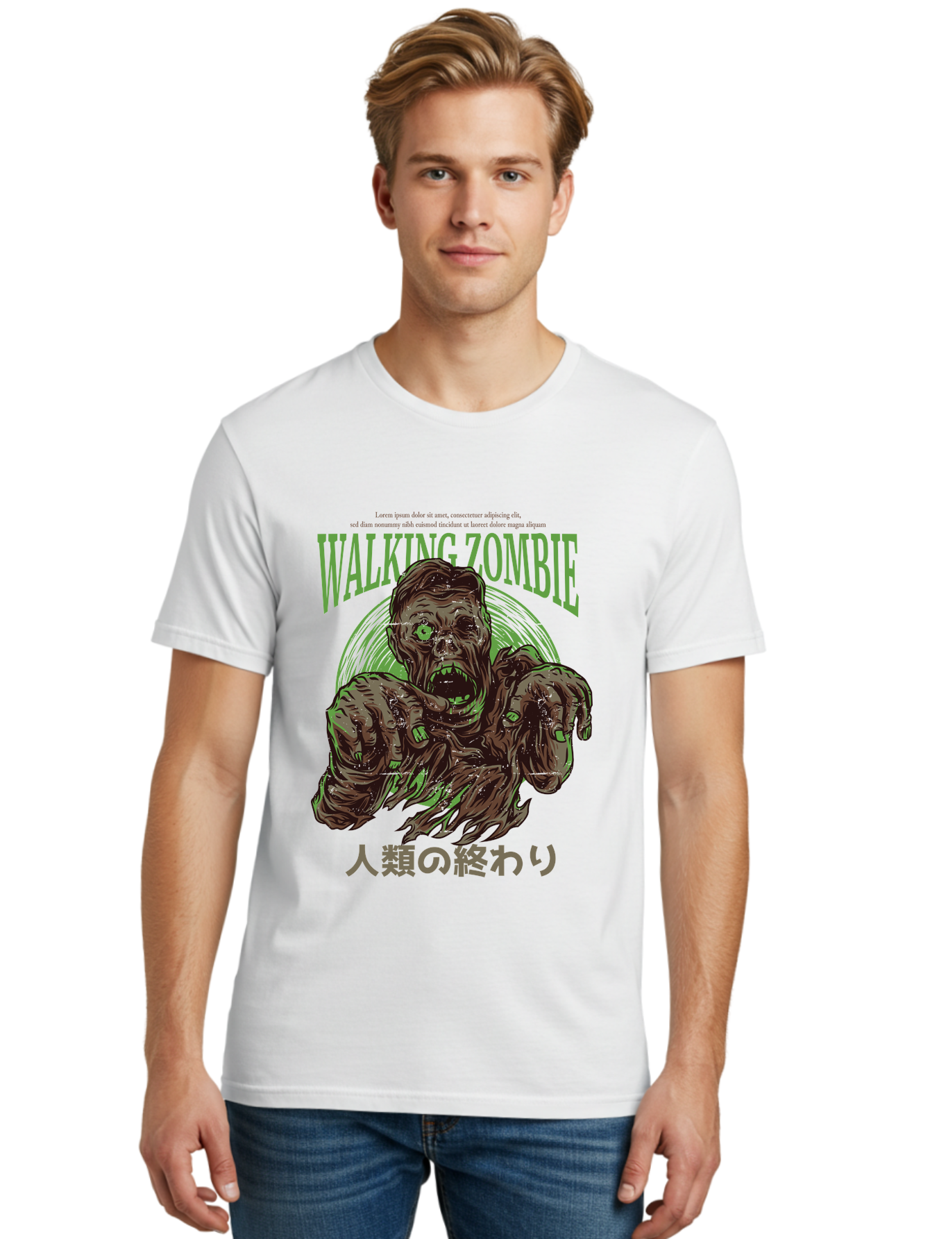 Walking-Zombie Men'S Graphic Tee, 100% Cotton, Comfortable Casual Summer Wear, Machine Washable, Zombie Apocalypse, Undead Creature, Horror Movie, Dark Art, Gruesome Illustration, Japanese Text, Zombie Outbreak, Creatures Of The Night Aad843 24