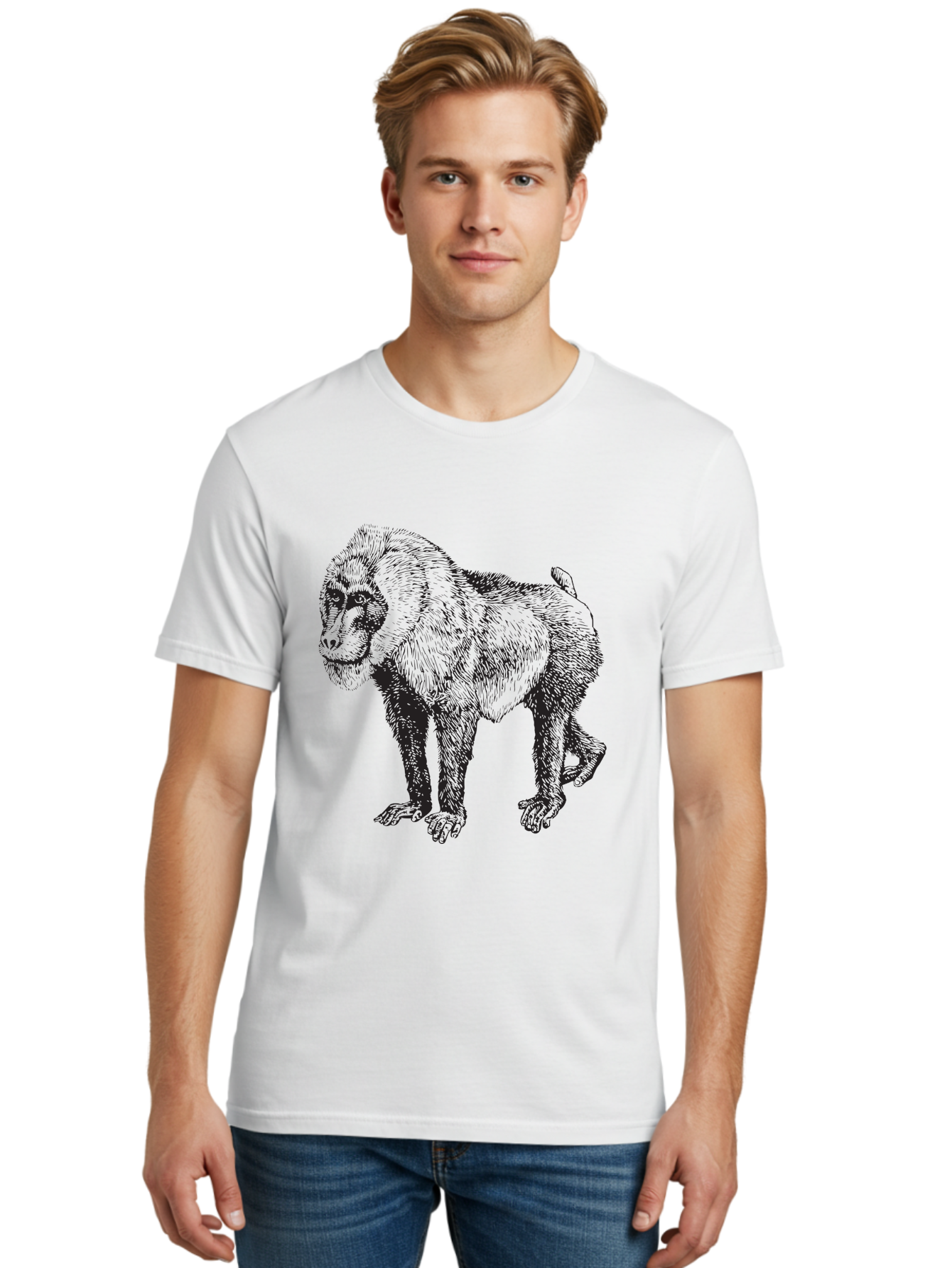 Baboon Men'S Graphic Tee, 100% Cotton, Comfortable Casual Summer Wear, Machine Washable, Baboon, Primate, Wildlife, Animal Illustration, Sketch Art, Detailed Drawing, Furry Texture, Monkey Species, Wild Primate Aad845 22