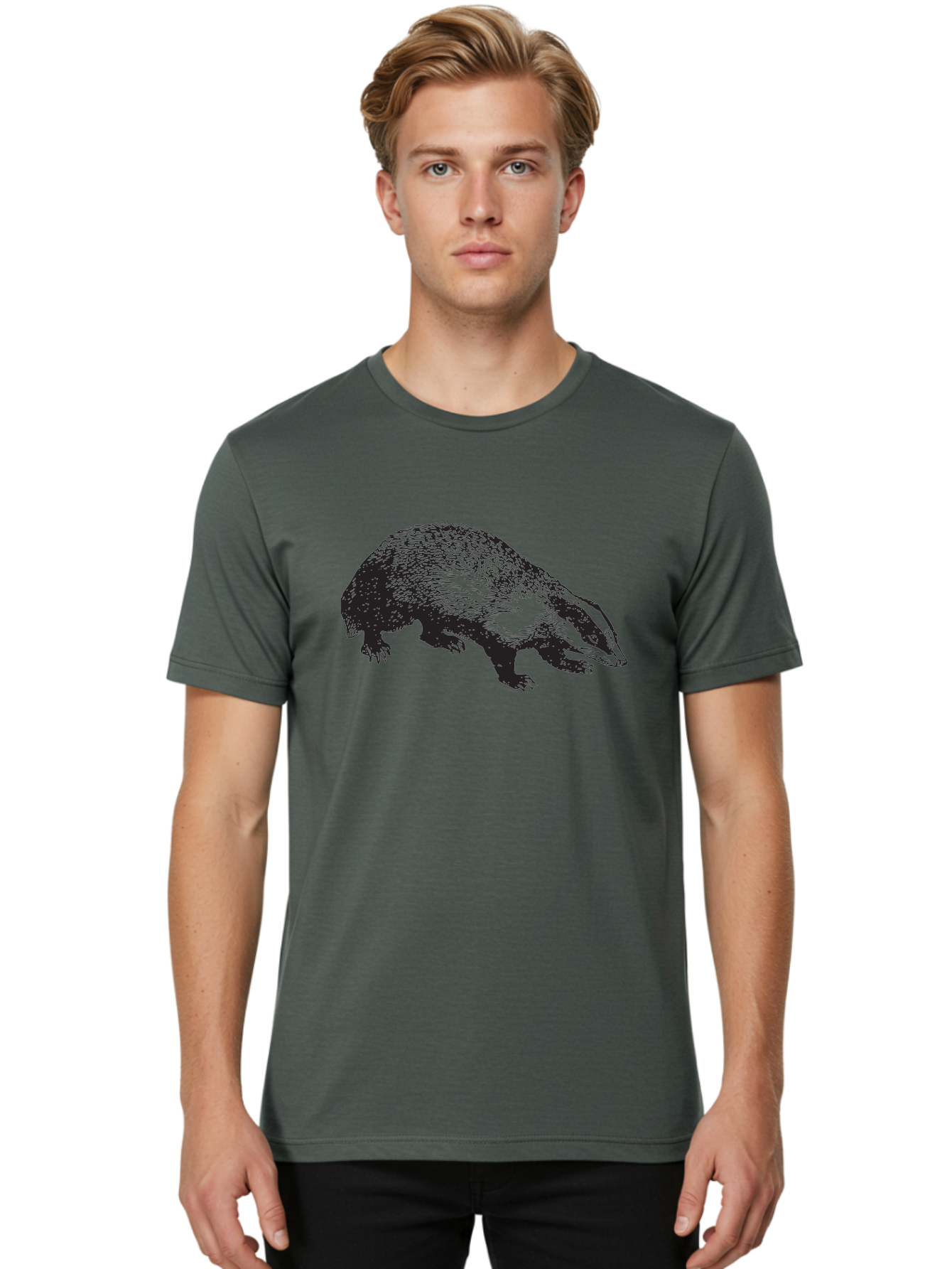 Badger Men'S Graphic Tee, 100% Cotton, Comfortable Casual Summer Wear, Machine Washable, Badger Illustration, Wildlife Art, Animal Graphics, Black And Green Colors, Detailed Texture, Wildlife Design, Furry Creature, Omnivorous Mammal Aad847 4