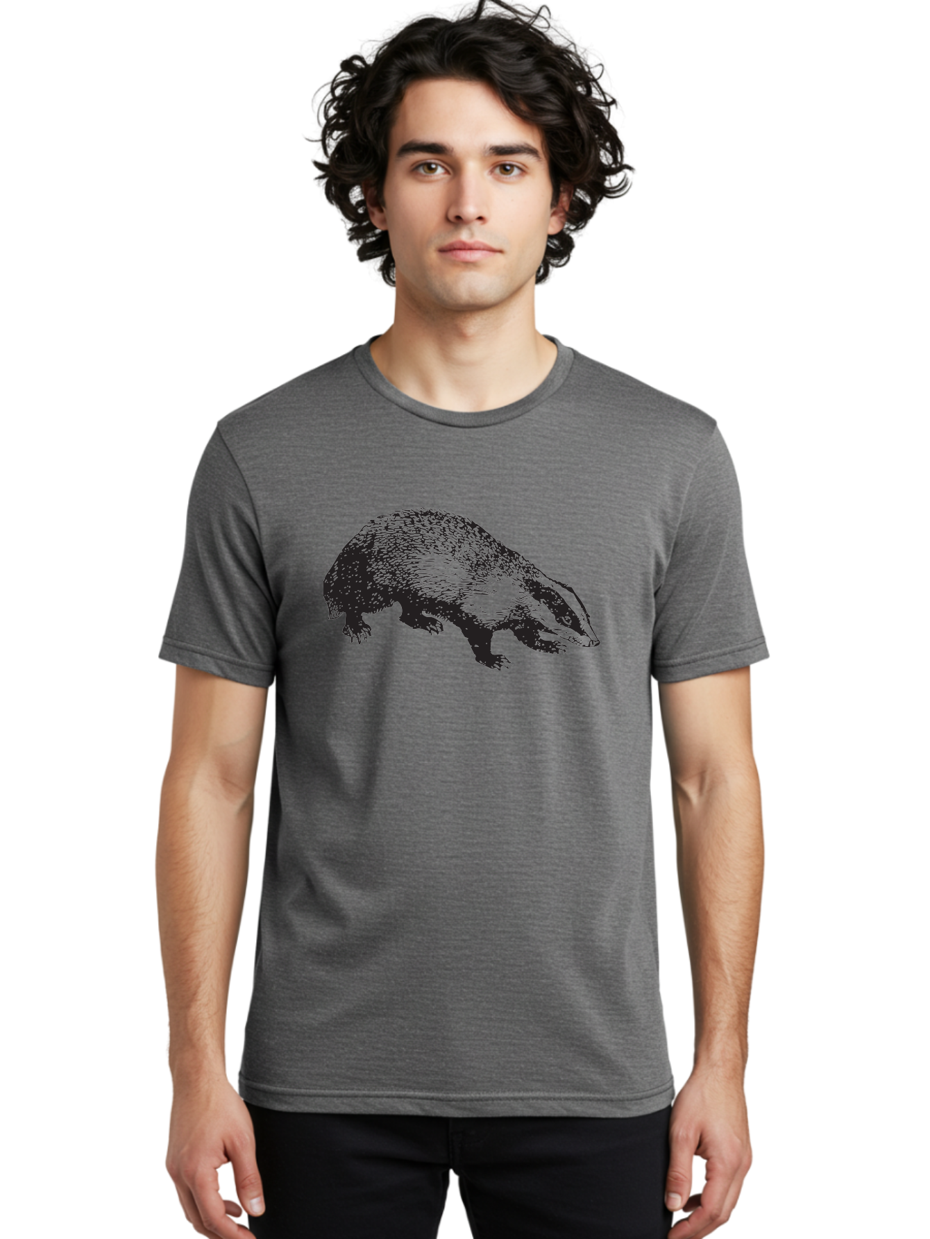 Badger Men'S Graphic Tee, 100% Cotton, Comfortable Casual Summer Wear, Machine Washable, Badger Illustration, Wildlife Art, Animal Graphics, Black And Green Colors, Detailed Texture, Wildlife Design, Furry Creature, Omnivorous Mammal Aad847 28