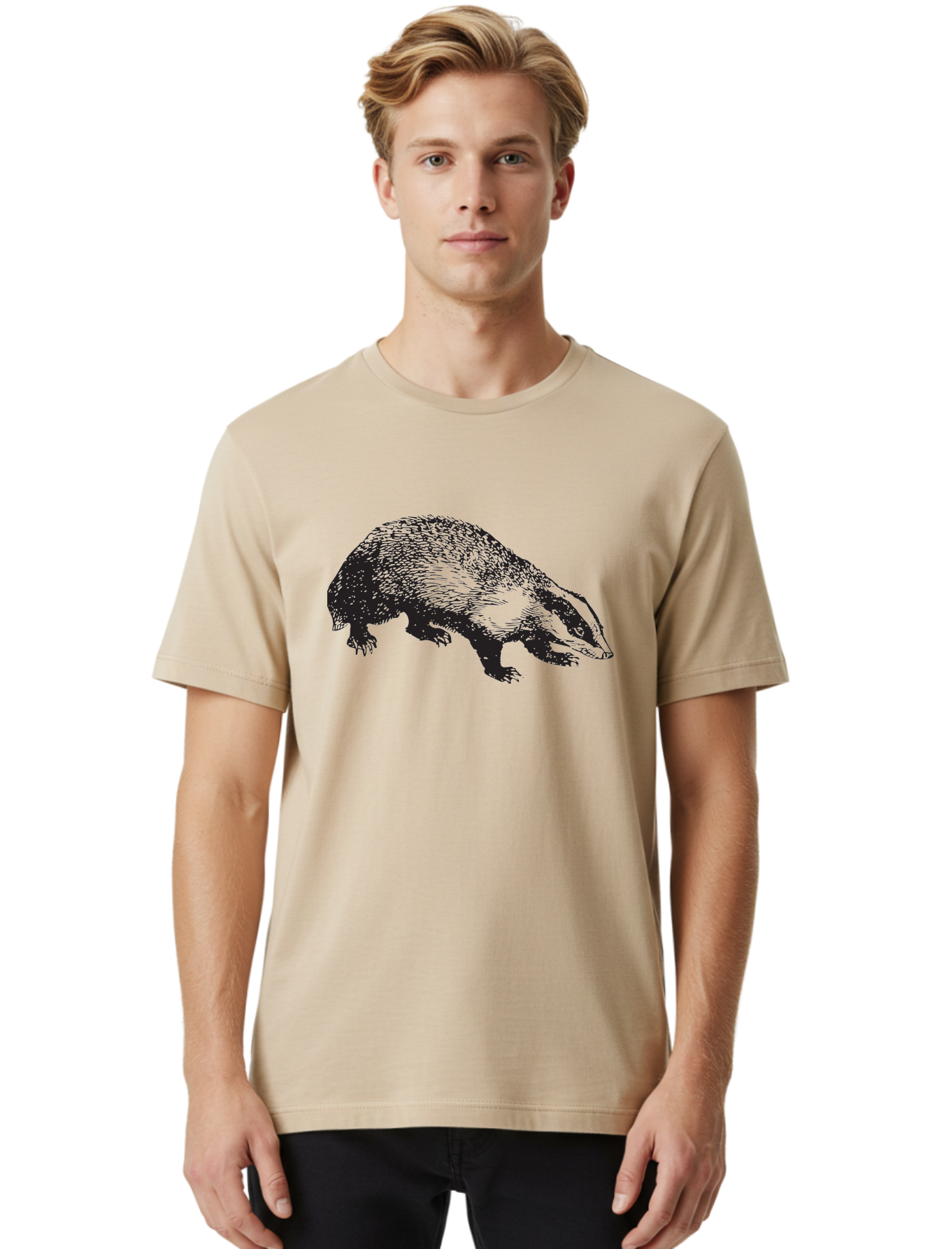 Badger Men'S Graphic Tee, 100% Cotton, Comfortable Casual Summer Wear, Machine Washable, Badger Illustration, Wildlife Art, Animal Graphics, Black And Green Colors, Detailed Texture, Wildlife Design, Furry Creature, Omnivorous Mammal Aad847 16