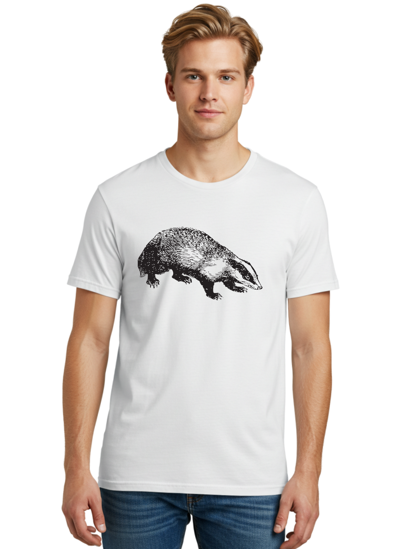 Badger Men'S Graphic Tee, 100% Cotton, Comfortable Casual Summer Wear, Machine Washable, Badger Illustration, Wildlife Art, Animal Graphics, Black And Green Colors, Detailed Texture, Wildlife Design, Furry Creature, Omnivorous Mammal Aad847 6