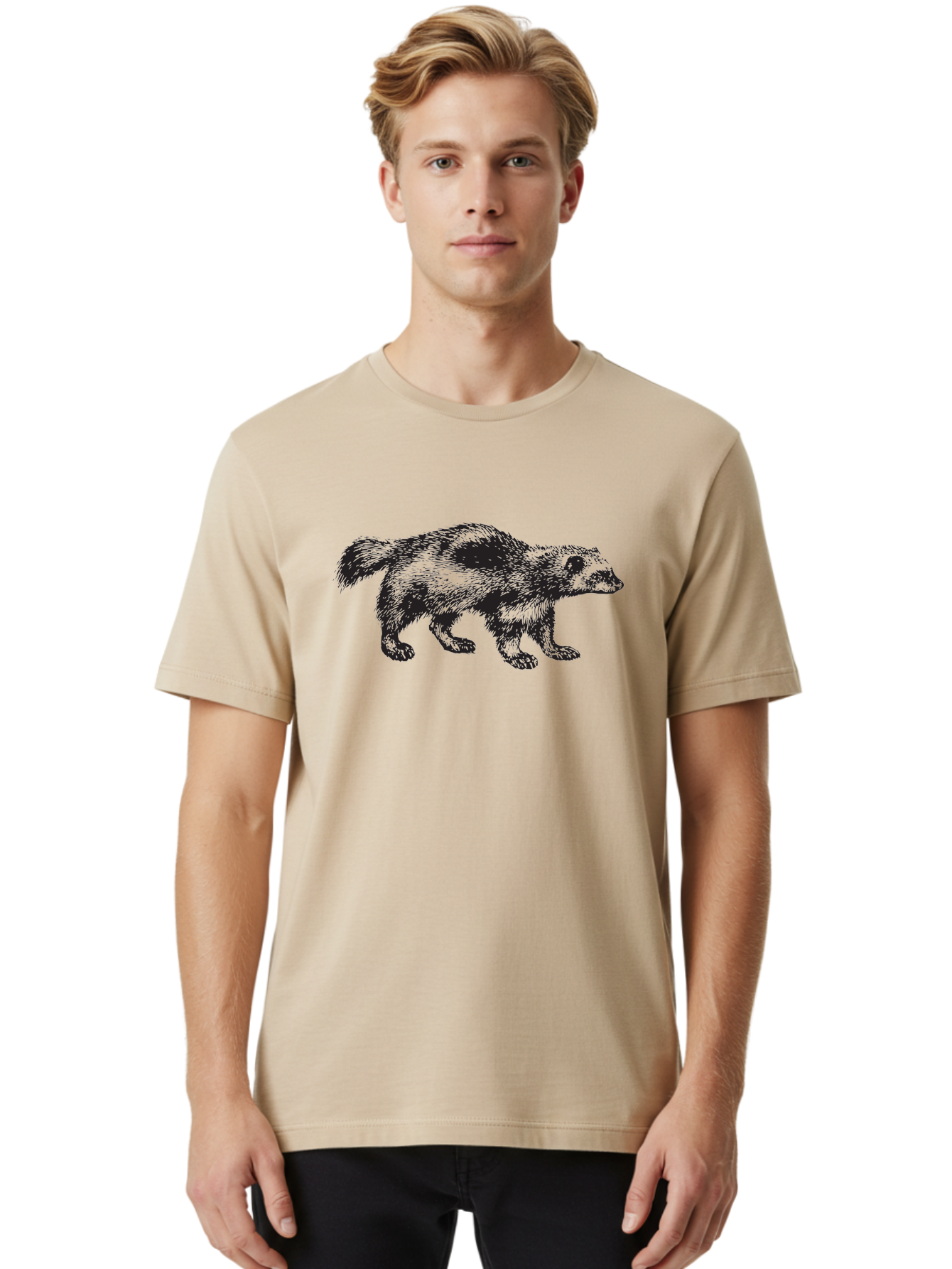 Black-Badger Men'S Graphic Tee, 100% Cotton, Comfortable Casual Summer Wear, Machine Washable, Badger Illustration, Animal Art, Wildlife Graphic, Stylized Mammal, Furry Creature, Monochrome Design, Bold Lines, Rugged Texture, Wildlife Symbol Aad853 28