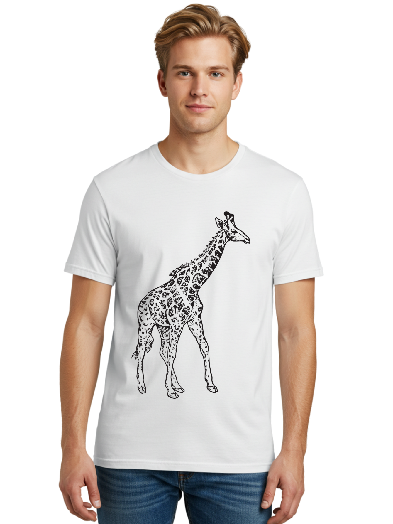 Giraffe Men'S Graphic Tee, 100% Cotton, Comfortable Casual Summer Wear, Machine Washable, Giraffe Illustration, Safari Animal, Wildlife Graphic, Spotted Fur, Tall Mammal, Cartoon Style, Simple Design, Black Outline Aad893 24