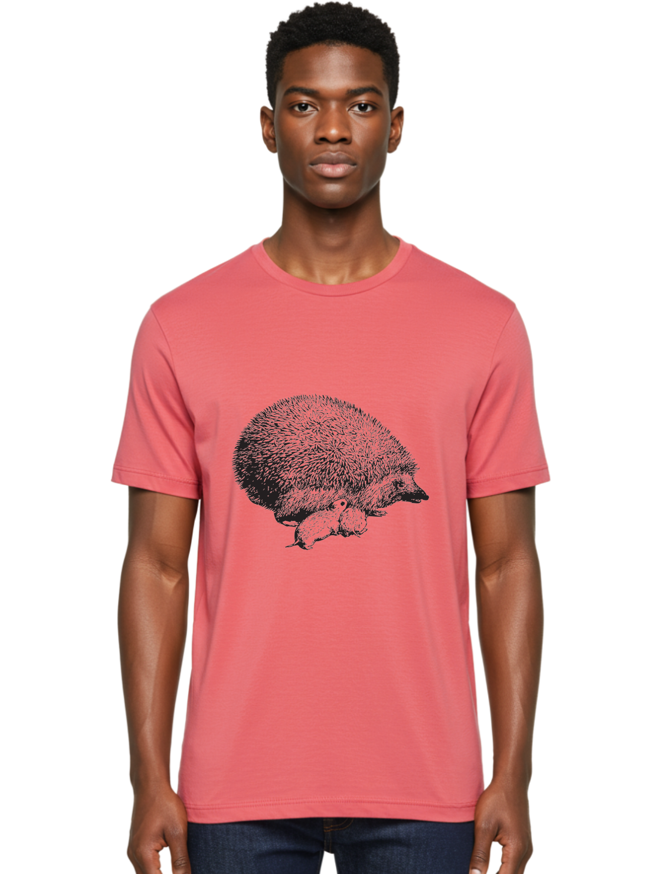 Hedgehog-With-Babies Men'S Graphic Tee, 100% Cotton, Comfortable Casual Summer Wear, Machine Washable, Hedgehog With Babies, Wildlife Illustration, Spiky Texture, Motherly Love, Forest Creatures, Black And Green, Detailed Artwork, Quills Aad897 14