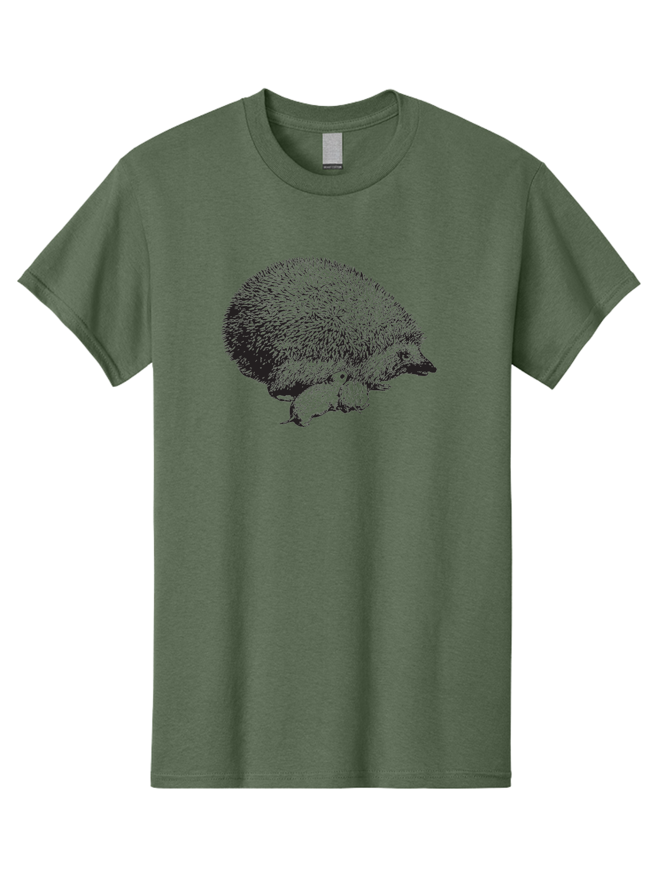 Hedgehog-With-Babies Men'S Graphic Tee, 100% Cotton, Comfortable Casual Summer Wear, Machine Washable, Hedgehog With Babies, Wildlife Illustration, Spiky Texture, Motherly Love, Forest Creatures, Black And Green, Detailed Artwork, Quills Aad897 15