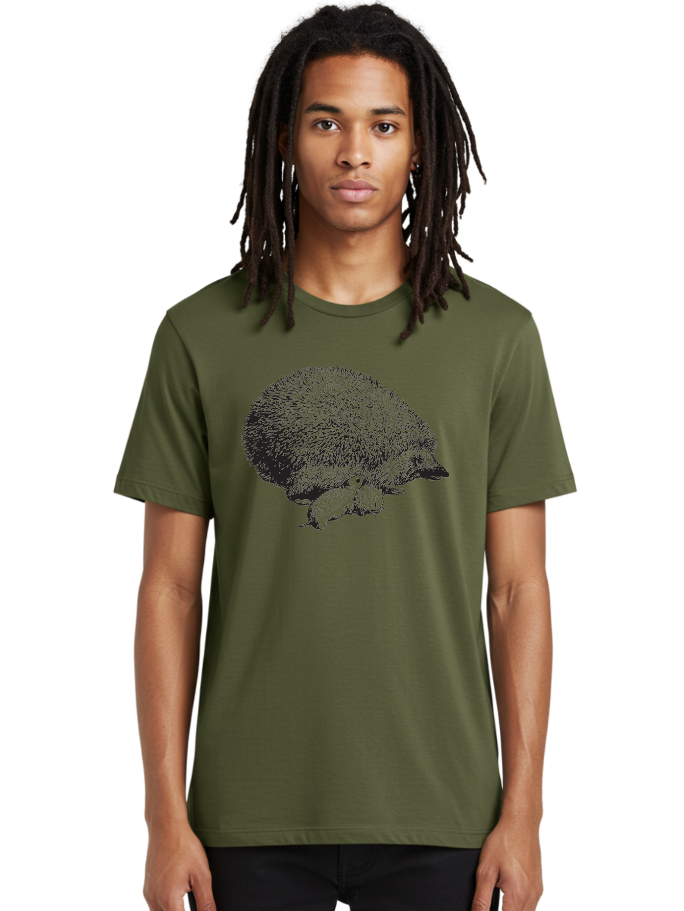 Hedgehog-With-Babies Men'S Graphic Tee, 100% Cotton, Comfortable Casual Summer Wear, Machine Washable, Hedgehog With Babies, Wildlife Illustration, Spiky Texture, Motherly Love, Forest Creatures, Black And Green, Detailed Artwork, Quills Aad897 16