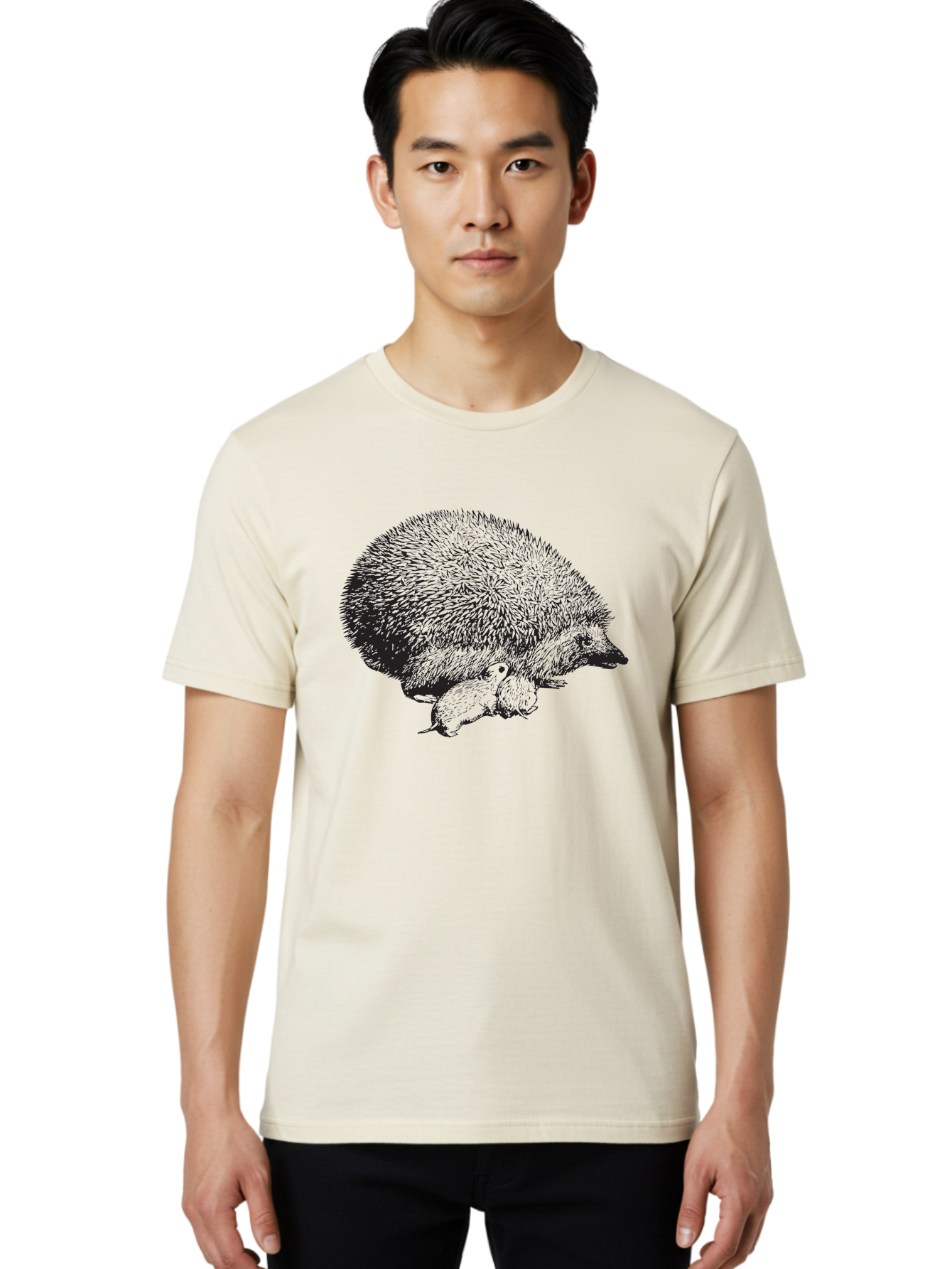 Hedgehog-With-Babies Men'S Graphic Tee, 100% Cotton, Comfortable Casual Summer Wear, Machine Washable, Hedgehog With Babies, Wildlife Illustration, Spiky Texture, Motherly Love, Forest Creatures, Black And Green, Detailed Artwork, Quills Aad897 10