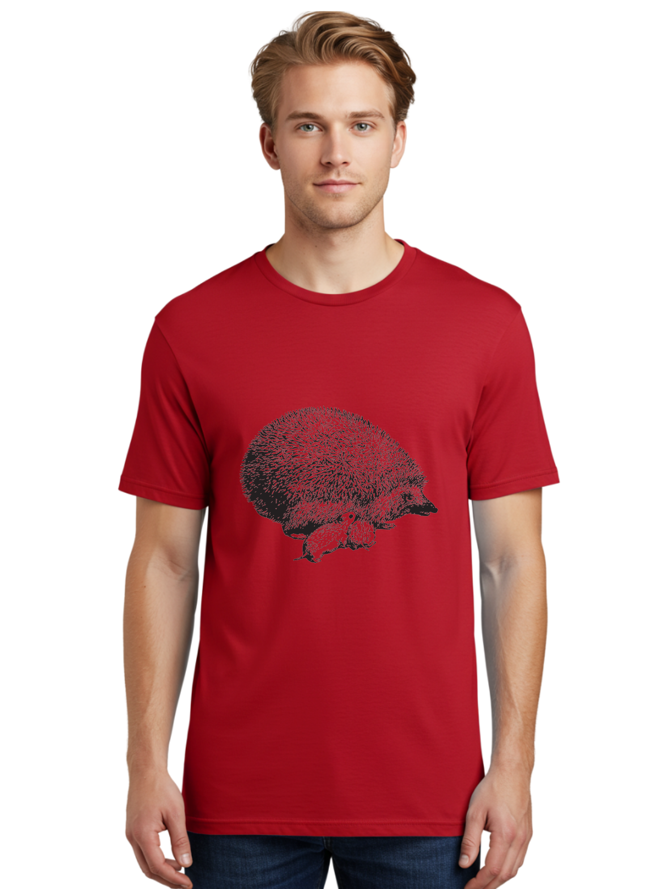 Hedgehog-With-Babies Men'S Graphic Tee, 100% Cotton, Comfortable Casual Summer Wear, Machine Washable, Hedgehog With Babies, Wildlife Illustration, Spiky Texture, Motherly Love, Forest Creatures, Black And Green, Detailed Artwork, Quills Aad897 6