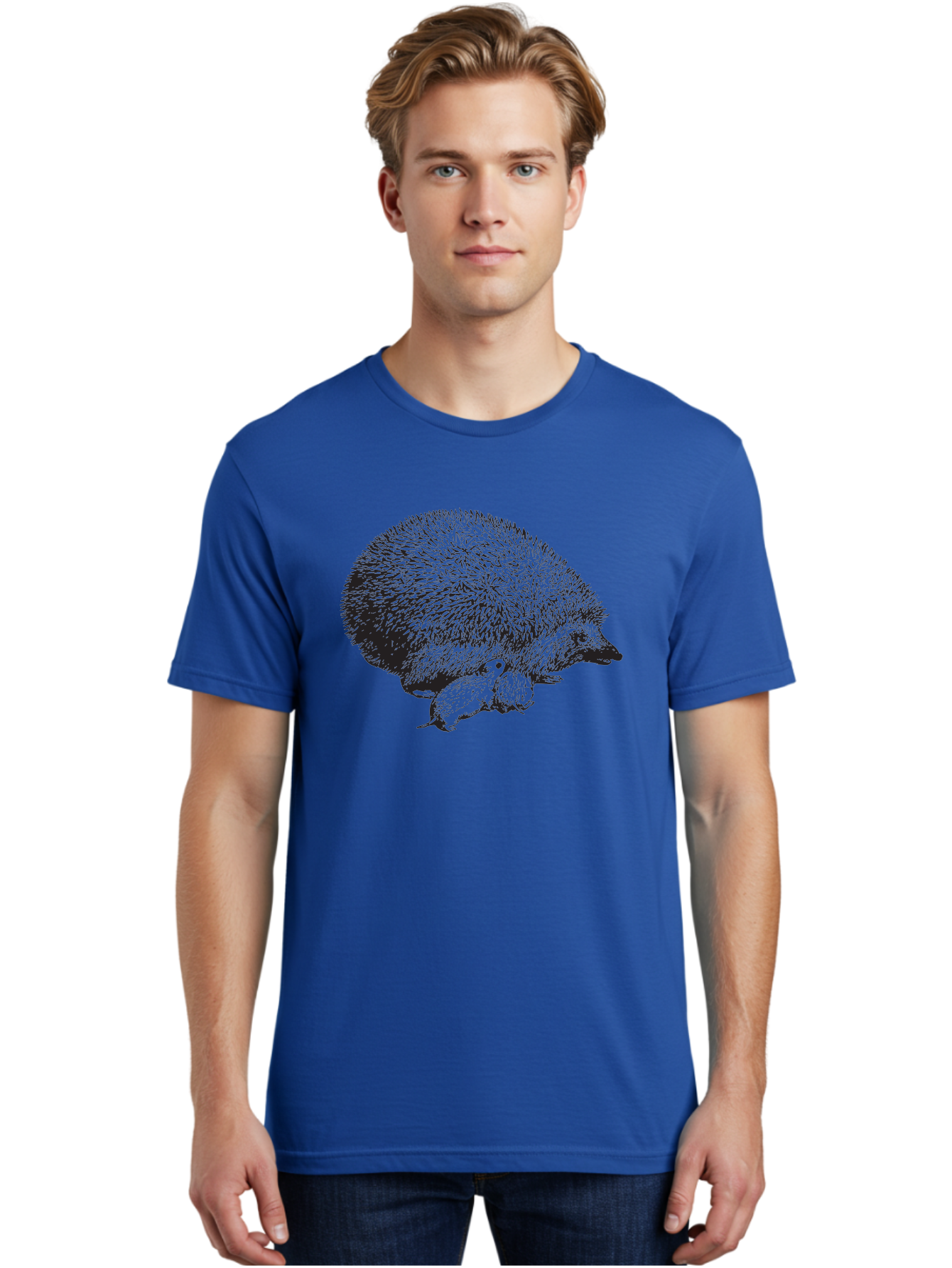 Hedgehog-With-Babies Men'S Graphic Tee, 100% Cotton, Comfortable Casual Summer Wear, Machine Washable, Hedgehog With Babies, Wildlife Illustration, Spiky Texture, Motherly Love, Forest Creatures, Black And Green, Detailed Artwork, Quills Aad897 26