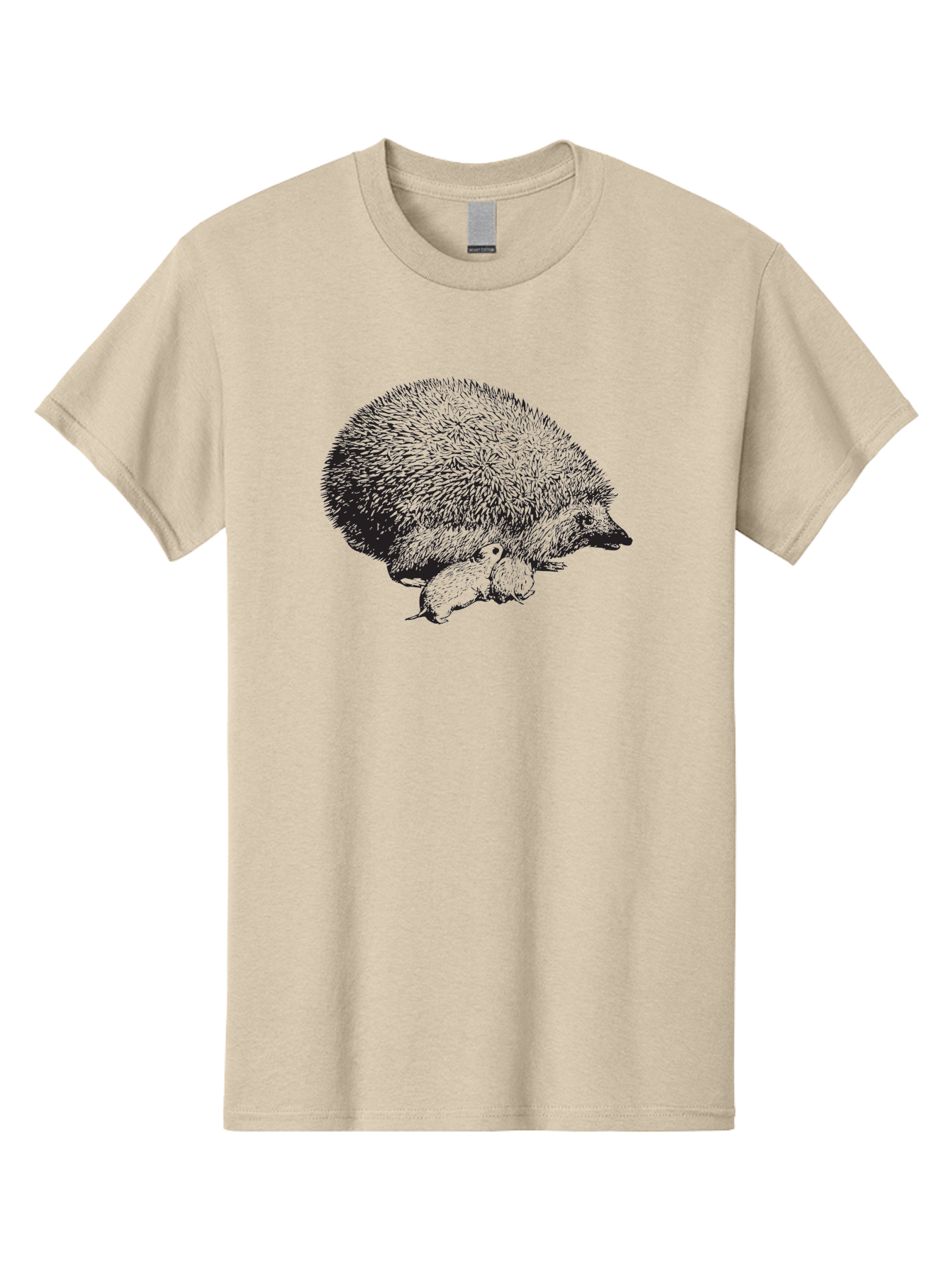 Hedgehog-With-Babies Men'S Graphic Tee, 100% Cotton, Comfortable Casual Summer Wear, Machine Washable, Hedgehog With Babies, Wildlife Illustration, Spiky Texture, Motherly Love, Forest Creatures, Black And Green, Detailed Artwork, Quills Aad897 23