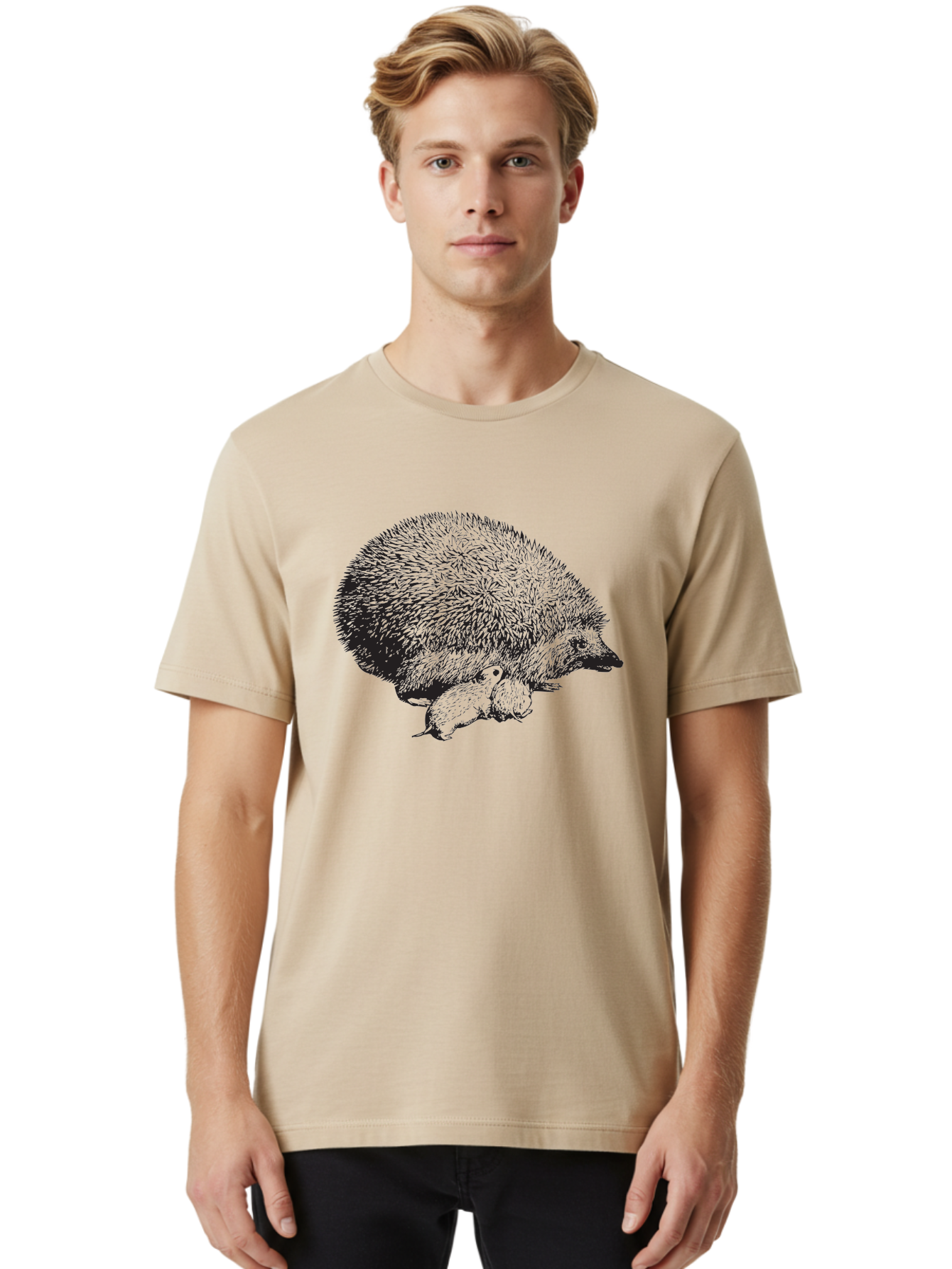 Hedgehog-With-Babies Men'S Graphic Tee, 100% Cotton, Comfortable Casual Summer Wear, Machine Washable, Hedgehog With Babies, Wildlife Illustration, Spiky Texture, Motherly Love, Forest Creatures, Black And Green, Detailed Artwork, Quills Aad897 24