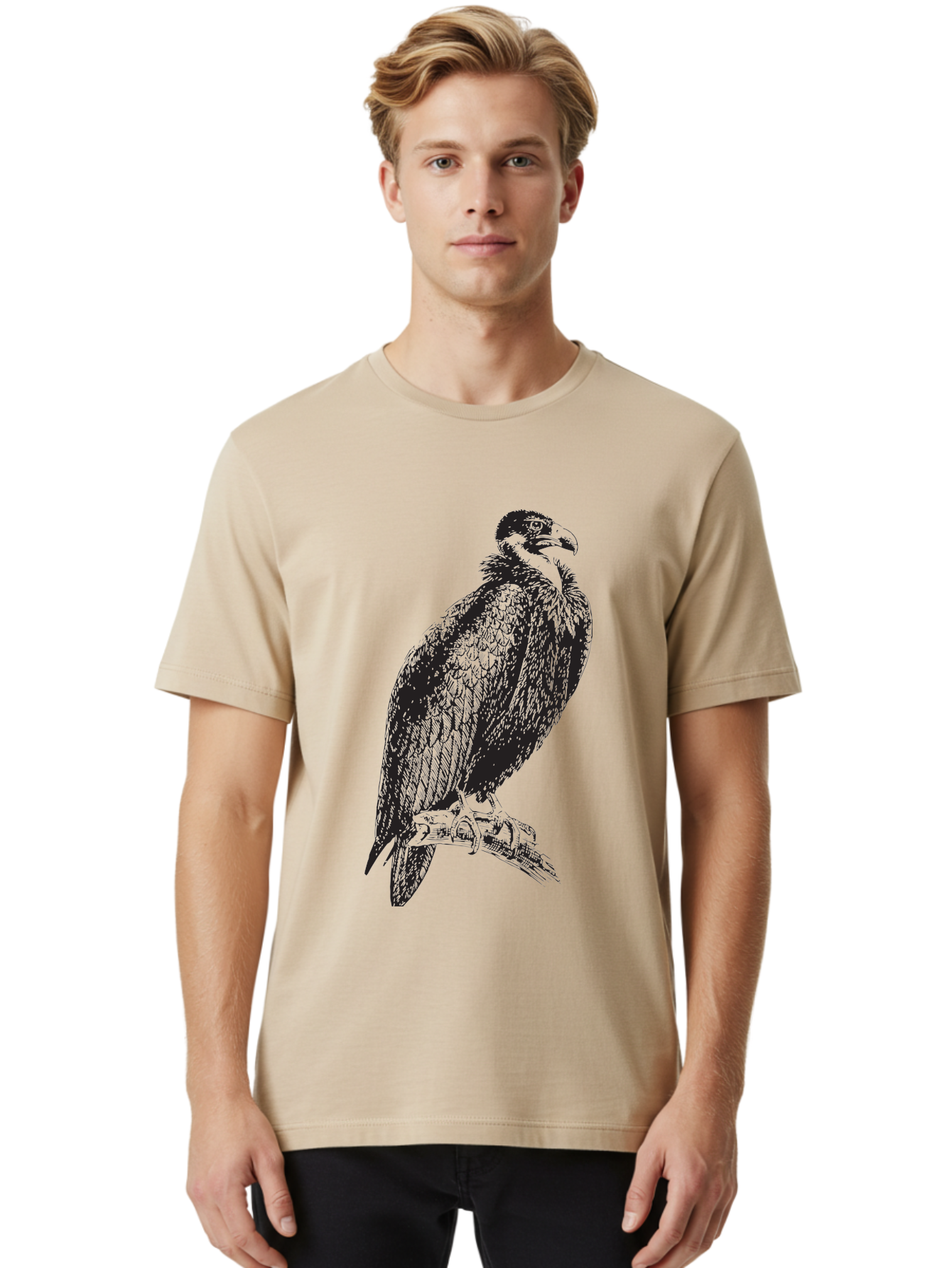 Vulture Men'S Graphic Tee, 100% Cotton, Comfortable Casual Summer Wear, Machine Washable, Vulture Perched On Branch, Bird Of Prey, Wildlife Illustration, Raptor, Sharp Talons, Feathers, Graphic Art, Wild Animal, Nature Sketch Aad965 16