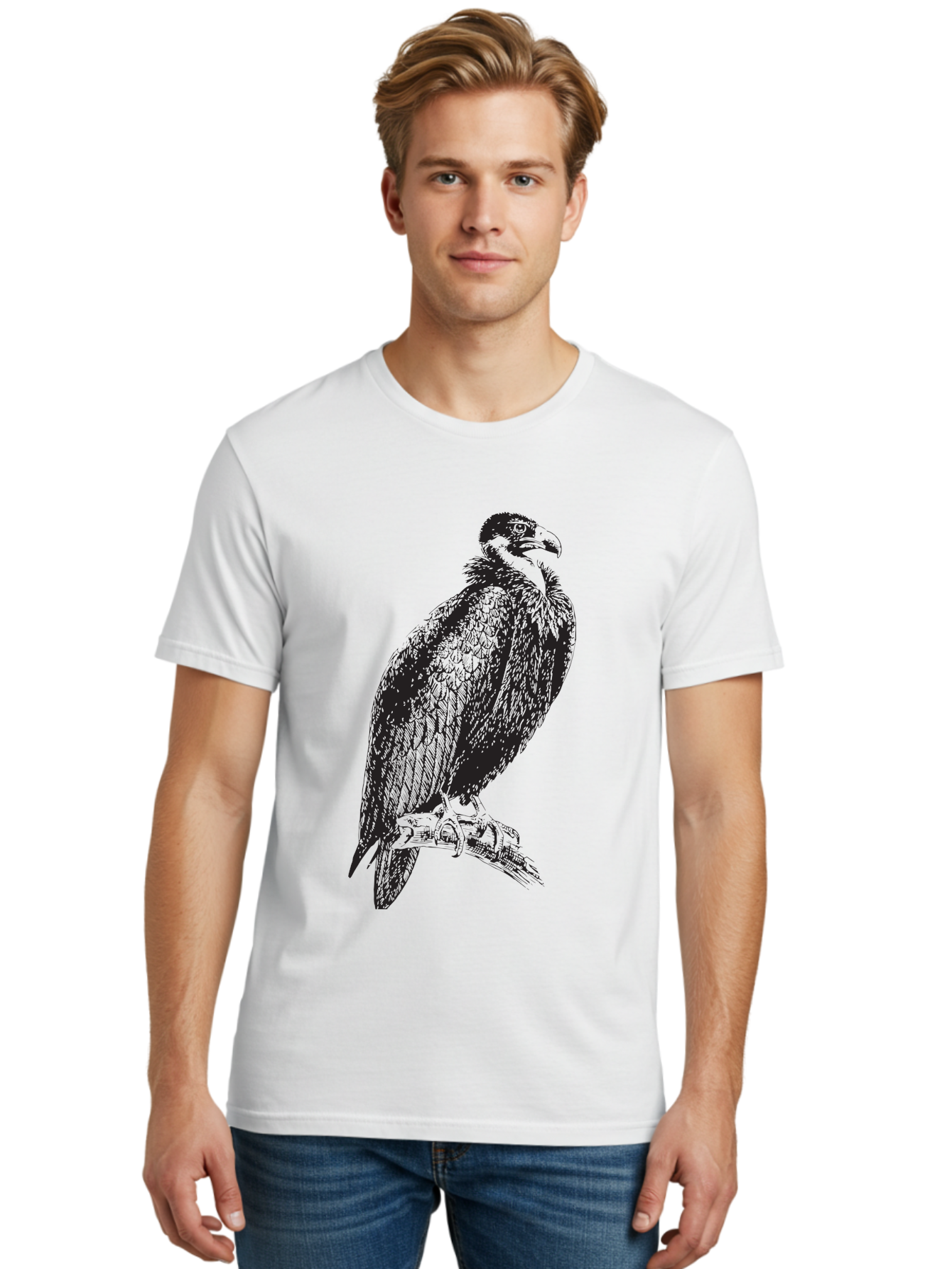 Vulture Men'S Graphic Tee, 100% Cotton, Comfortable Casual Summer Wear, Machine Washable, Vulture Perched On Branch, Bird Of Prey, Wildlife Illustration, Raptor, Sharp Talons, Feathers, Graphic Art, Wild Animal, Nature Sketch Aad965 20
