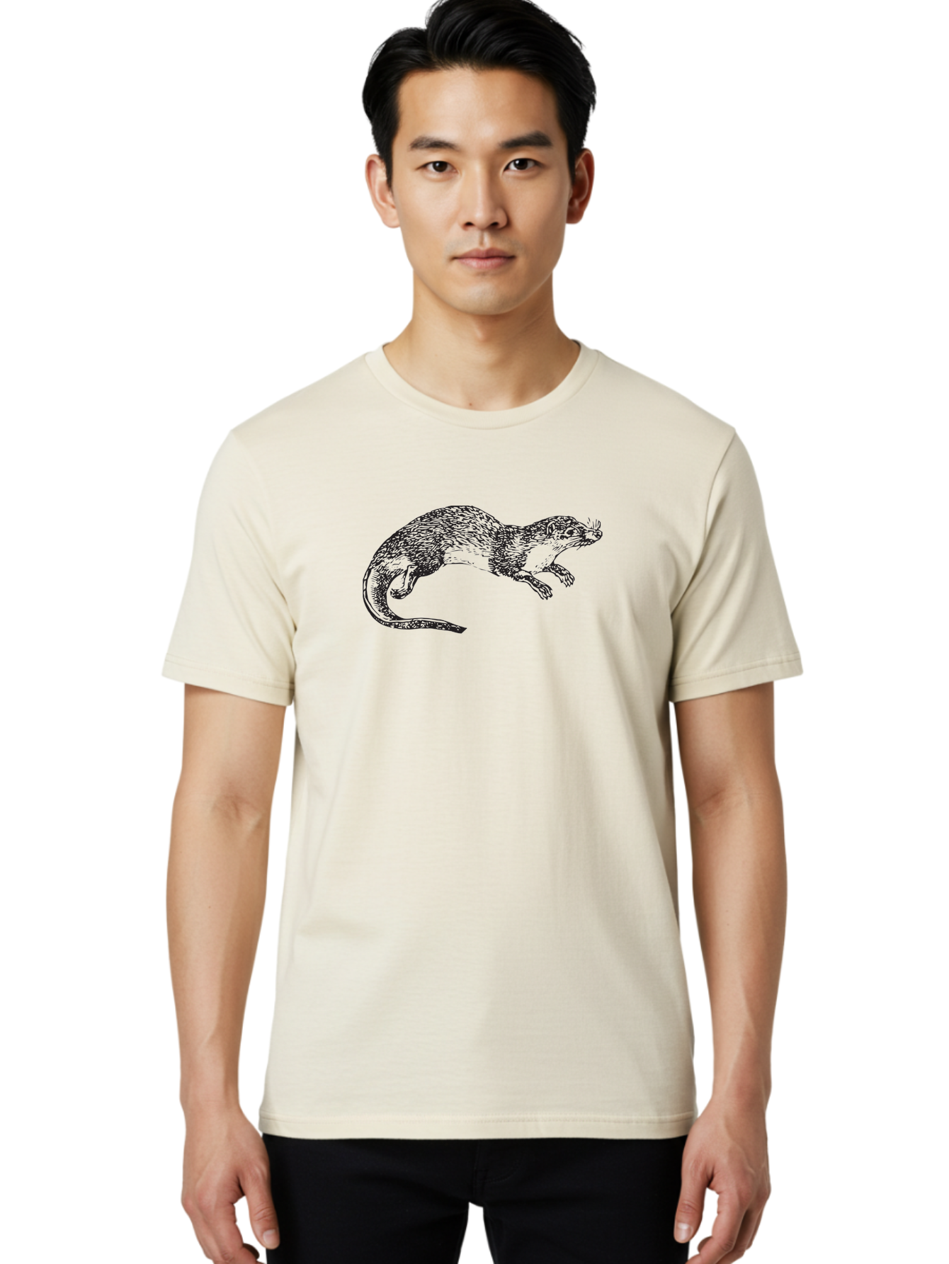 Weasel Men'S Graphic Tee, 100% Cotton, Comfortable Casual Summer Wear, Machine Washable, Mongoose Animal, Wildlife Illustration, Hatching Texture, Black And Green, Carnivorous Mammal, Whiskers, Dynamic Pose, Detailed Artwork, Fur Texture Aad966 20
