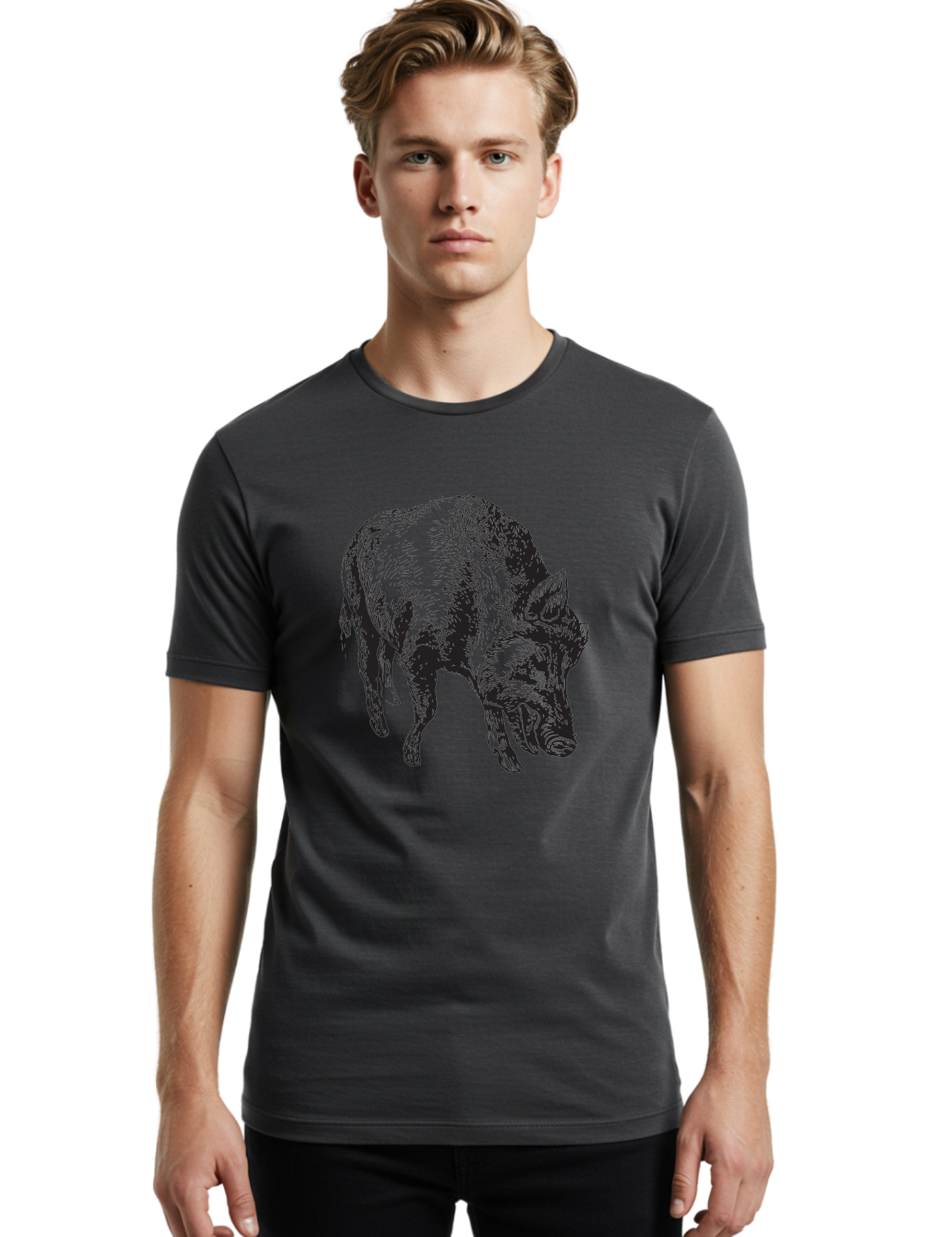 Wild-Boar Men'S Graphic Tee, 100% Cotton, Comfortable Casual Summer Wear, Machine Washable, Wild Boar, Animal Portrait, Wildlife Illustration, Mammal Artwork, Forest Creature, Detailed Drawing, Rustic Style, Monochrome Illustration, Boar Head, Aad967 30