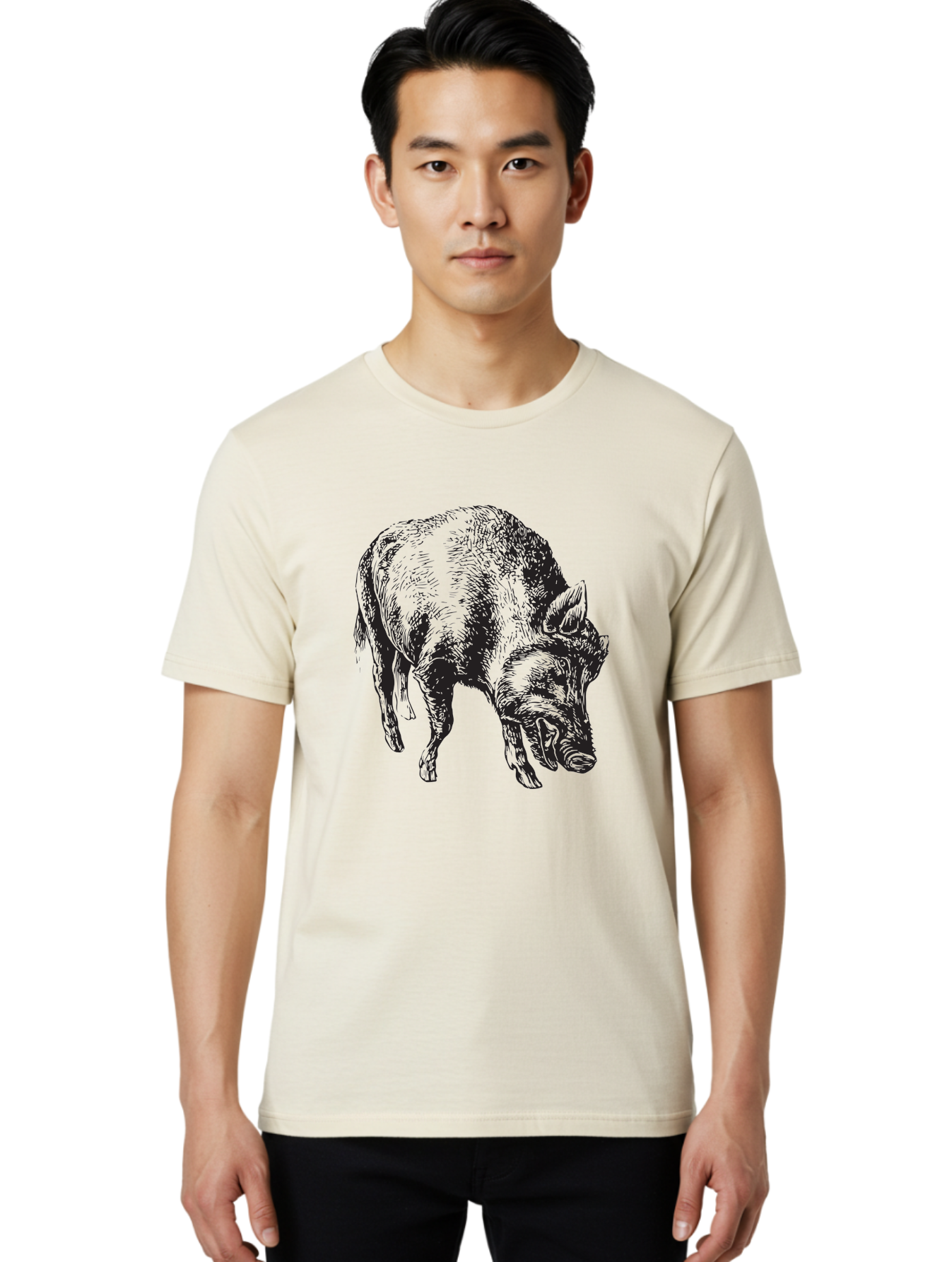 Wild-Boar Men'S Graphic Tee, 100% Cotton, Comfortable Casual Summer Wear, Machine Washable, Wild Boar, Animal Portrait, Wildlife Illustration, Mammal Artwork, Forest Creature, Detailed Drawing, Rustic Style, Monochrome Illustration, Boar Head, Aad967 4