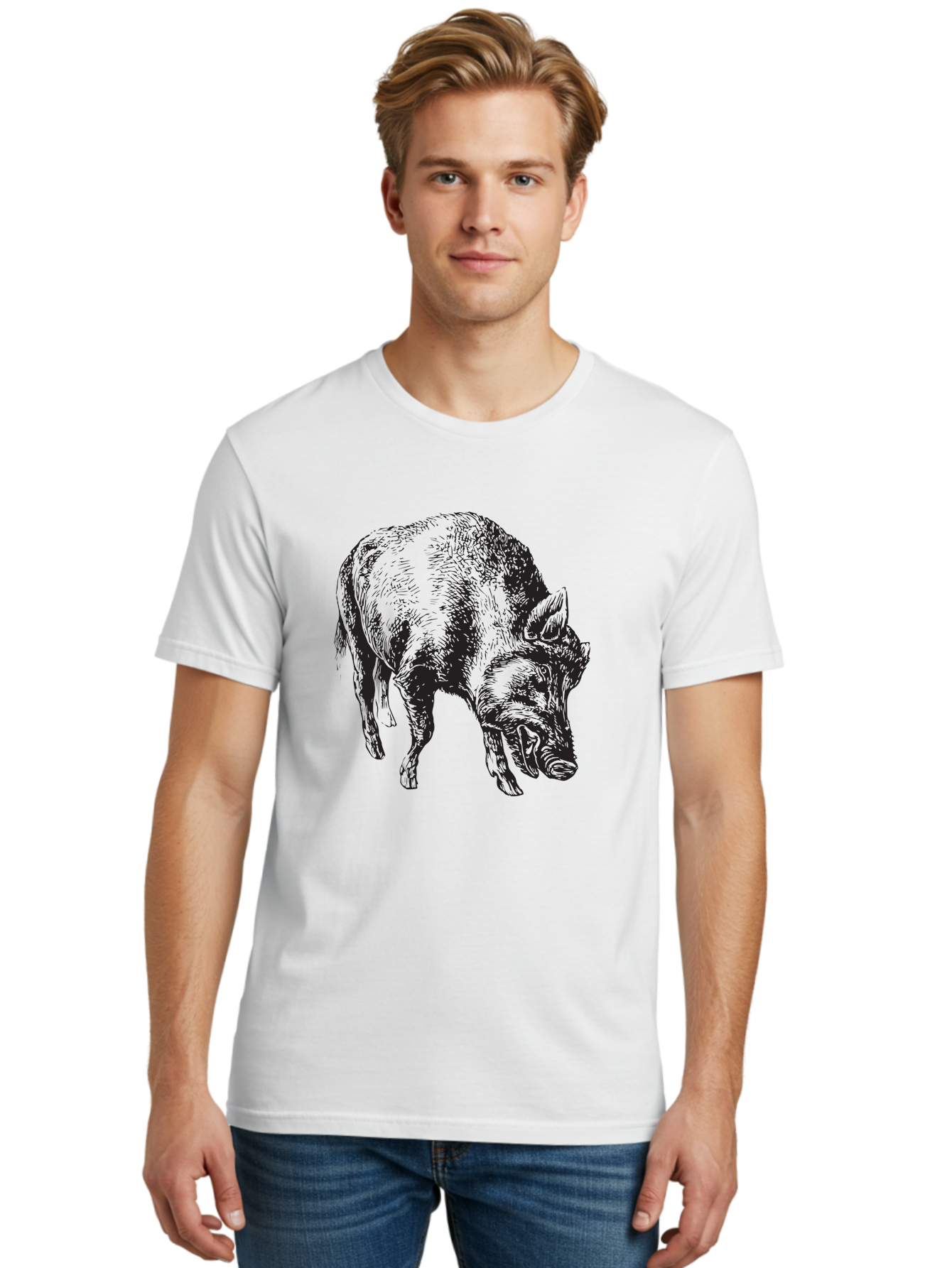 Wild-Boar Men'S Graphic Tee, 100% Cotton, Comfortable Casual Summer Wear, Machine Washable, Wild Boar, Animal Portrait, Wildlife Illustration, Mammal Artwork, Forest Creature, Detailed Drawing, Rustic Style, Monochrome Illustration, Boar Head, Aad967 14