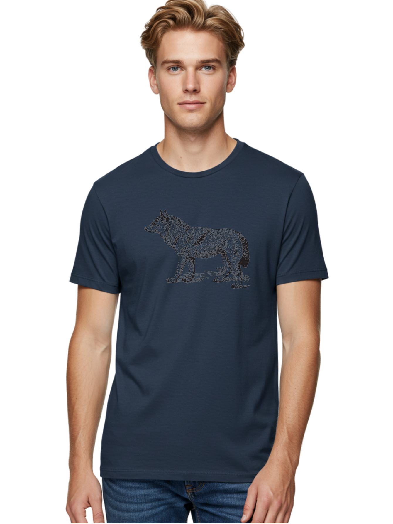 Wolf Men'S Graphic Tee, 100% Cotton, Comfortable Casual Summer Wear, Machine Washable, Wild Animal, Wolf Silhouette, Hand-Drawn Illustration, Wildlife Art, Animal Graphics, Simple Design, Line Art, Wildlife Symbol Aad968 24
