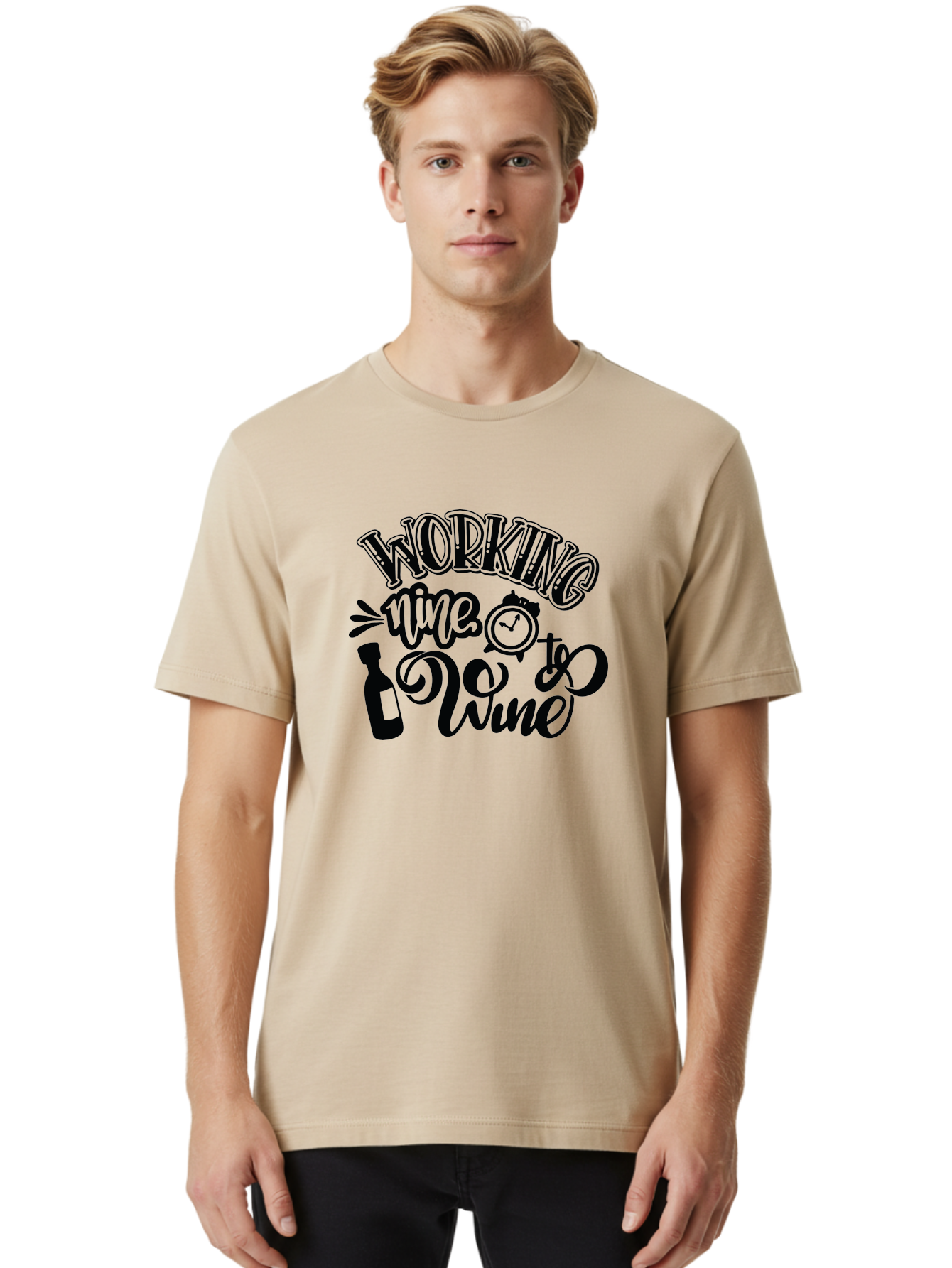 Working-Nine-To-Wine Men'S Graphic Tee, 100% Cotton, Comfortable Casual Summer Wear, Machine Washable, Wine Bottle, Clock, Pun On Working Nine To Five, Humorous Quote, Funny Design, Wine Lover, Office Humor, Wine Culture Aad989 10