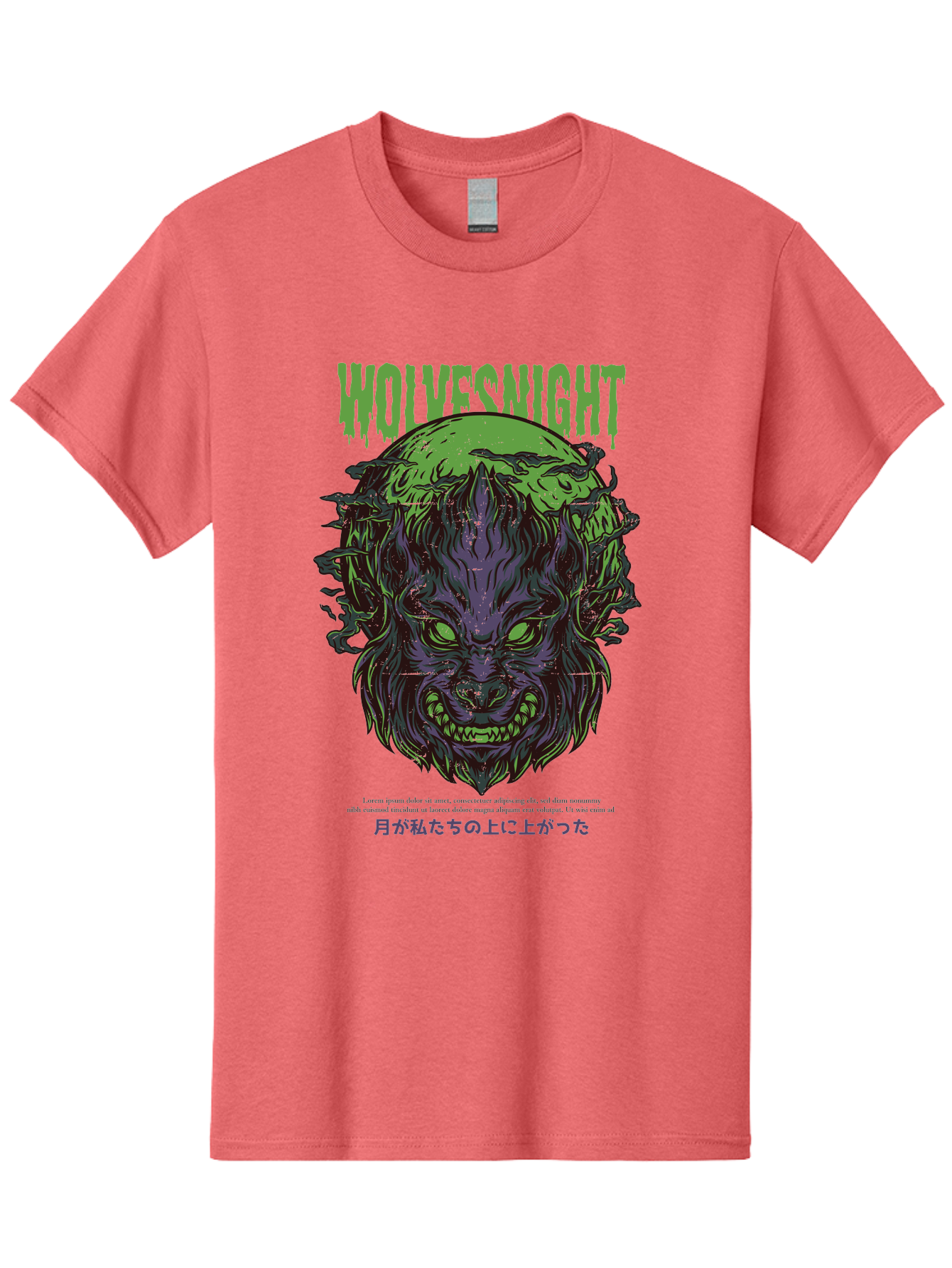 Wolvesnight Men'S Graphic Tee, 100% Cotton, Comfortable Casual Summer Wear, Machine Washable, Werewolf Illustration, Full Moon, Sharp Teeth, Glowing Eyes, Horror Theme, Dark Art, Mystical Creature, Legend Of The Wolf, Japanese Text, Aad991 7