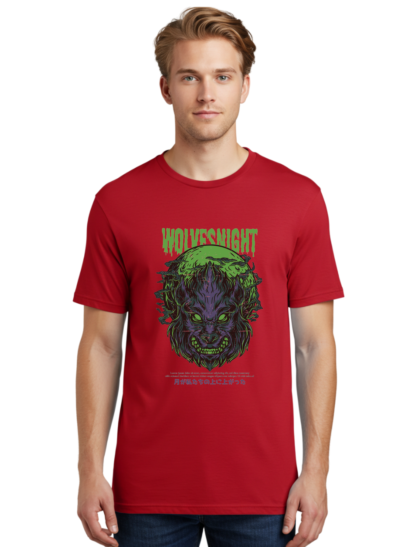 Wolvesnight Men'S Graphic Tee, 100% Cotton, Comfortable Casual Summer Wear, Machine Washable, Werewolf Illustration, Full Moon, Sharp Teeth, Glowing Eyes, Horror Theme, Dark Art, Mystical Creature, Legend Of The Wolf, Japanese Text, Aad991 16