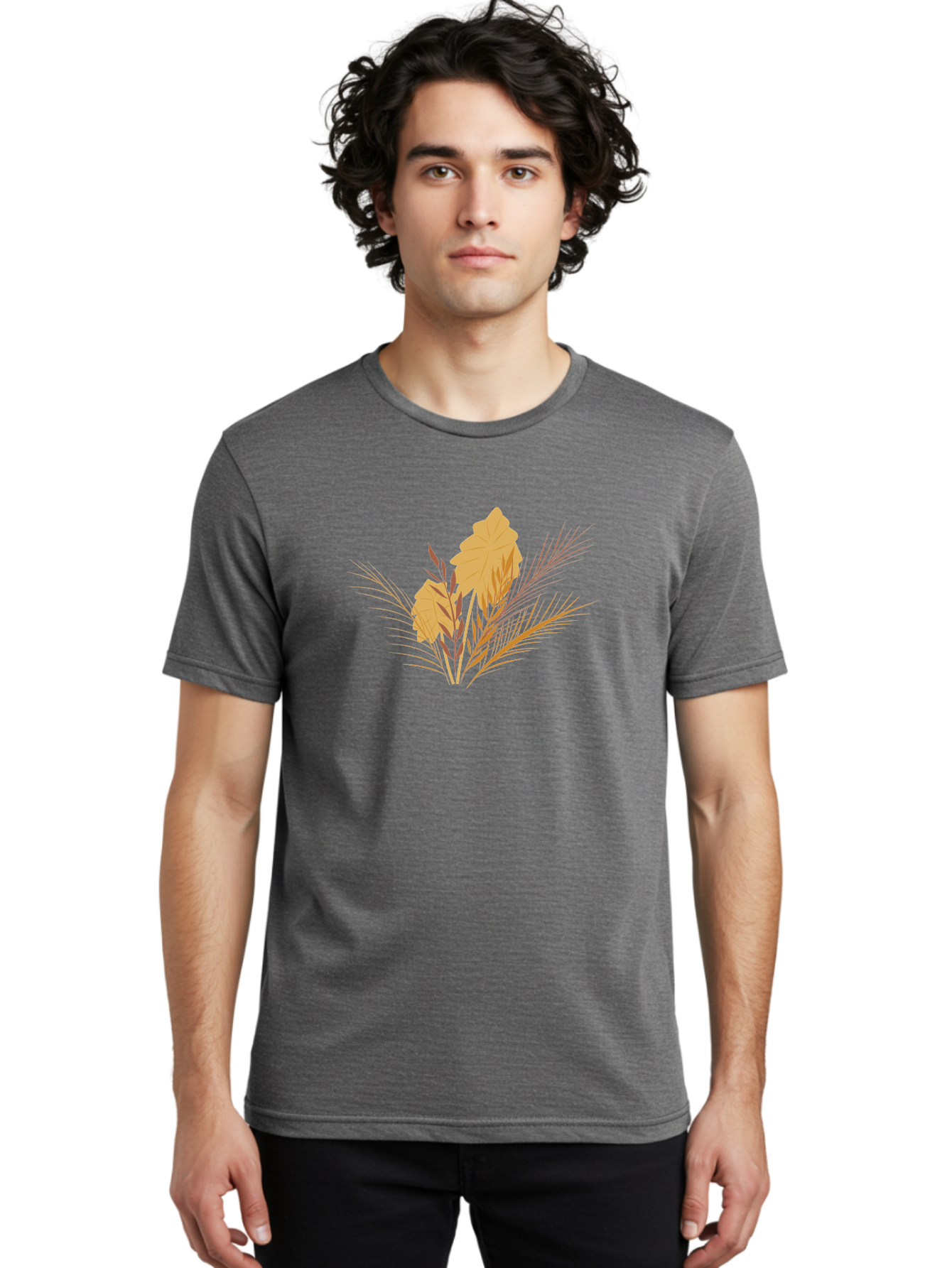 Autumn-Leaves Men'S Graphic Tee, 100% Cotton, Comfortable Casual Summer Wear, Machine Washable, Autumn Leaves, Fall Foliage, Nature Illustration, Stylized Plants, Graphic Design Elements, Digital Art, Orange Leaves, Red Stalks, Aad994 12