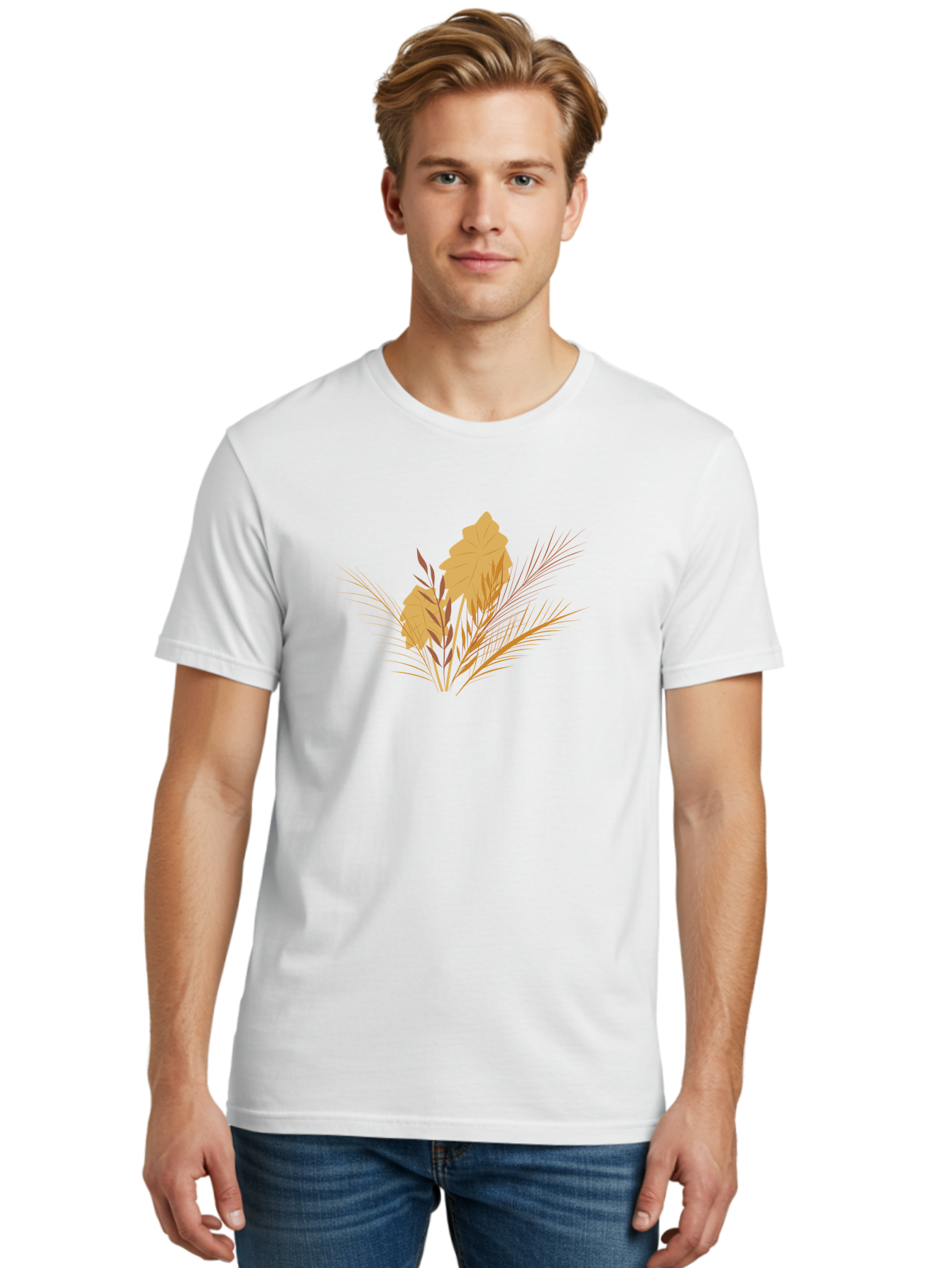 Autumn-Leaves Men'S Graphic Tee, 100% Cotton, Comfortable Casual Summer Wear, Machine Washable, Autumn Leaves, Fall Foliage, Nature Illustration, Stylized Plants, Graphic Design Elements, Digital Art, Orange Leaves, Red Stalks, Aad994 6