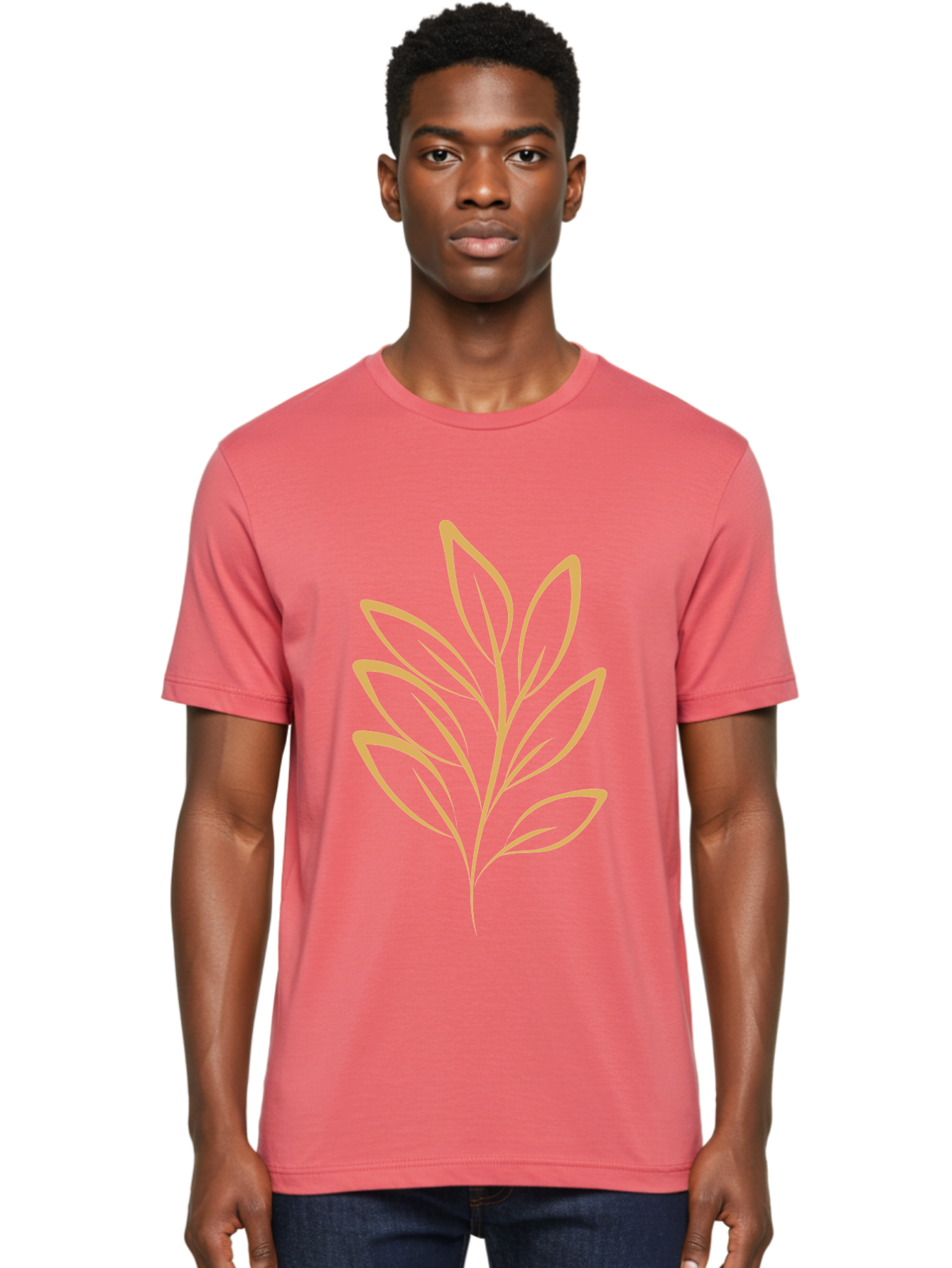 Branch-With-Leaves Men'S Graphic Tee, 100% Cotton, Comfortable Casual Summer Wear, Machine Washable, Simple Leaf Illustration, Minimalist Design, Peach Outline, Botanical Element, Organic Shape, Natural Motif, Gentle Curves Aae000 4