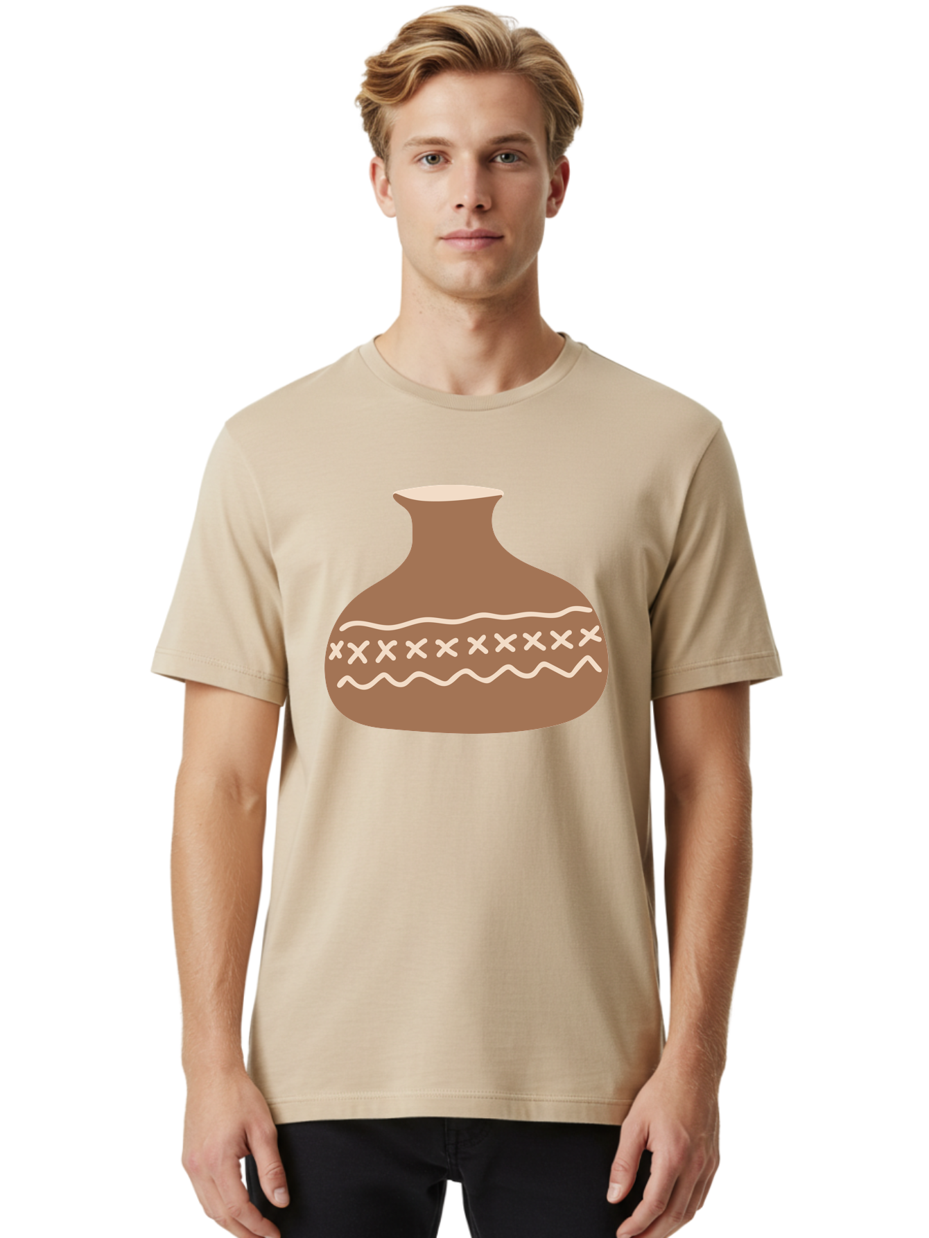 Clay-Pot Men'S Graphic Tee, 100% Cotton, Comfortable Casual Summer Wear, Machine Washable, Clay Pot, Pottery Vessel, Ceramic Design, Traditional Craftsmanship, Handmade Art, Wavy Lines, Crosses Pattern, Earthy Tones, Cultural Heritage, Aae004 6