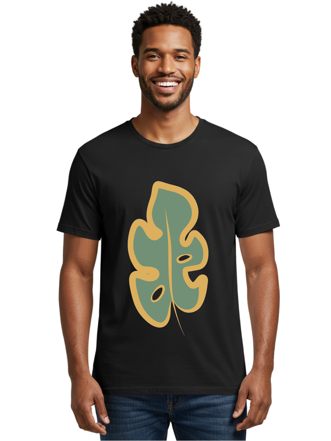 Monstera-Leaf Men'S Graphic Tee, 100% Cotton, Comfortable Casual Summer Wear, Machine Washable, Simple Leaf Illustration, Minimalist Art, Gray And Yellow Colors, Natural Shapes, Organic Design, Botanical Elements, Leaf Pattern Aae031 8