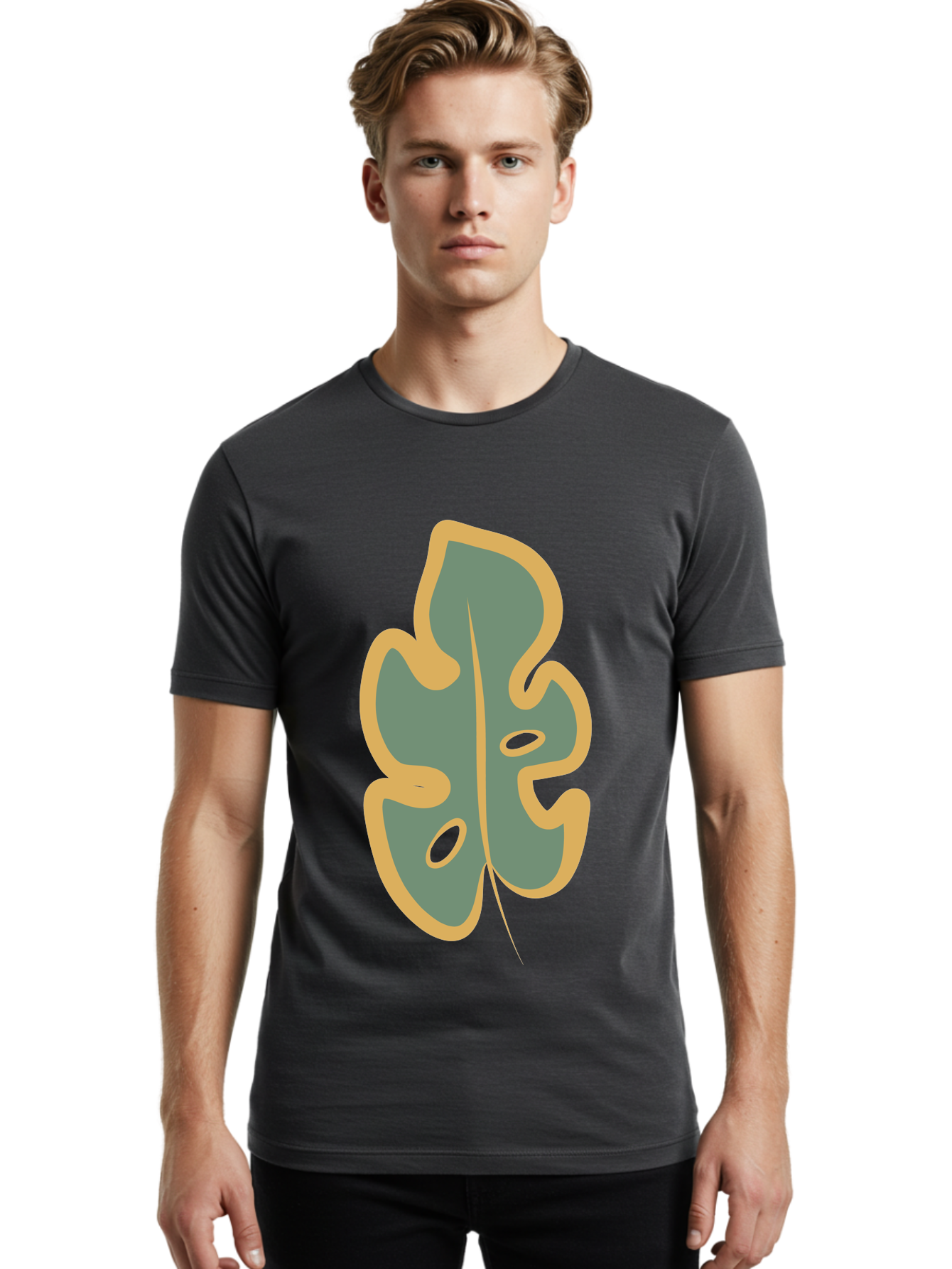 Monstera-Leaf Men'S Graphic Tee, 100% Cotton, Comfortable Casual Summer Wear, Machine Washable, Simple Leaf Illustration, Minimalist Art, Gray And Yellow Colors, Natural Shapes, Organic Design, Botanical Elements, Leaf Pattern Aae031 6